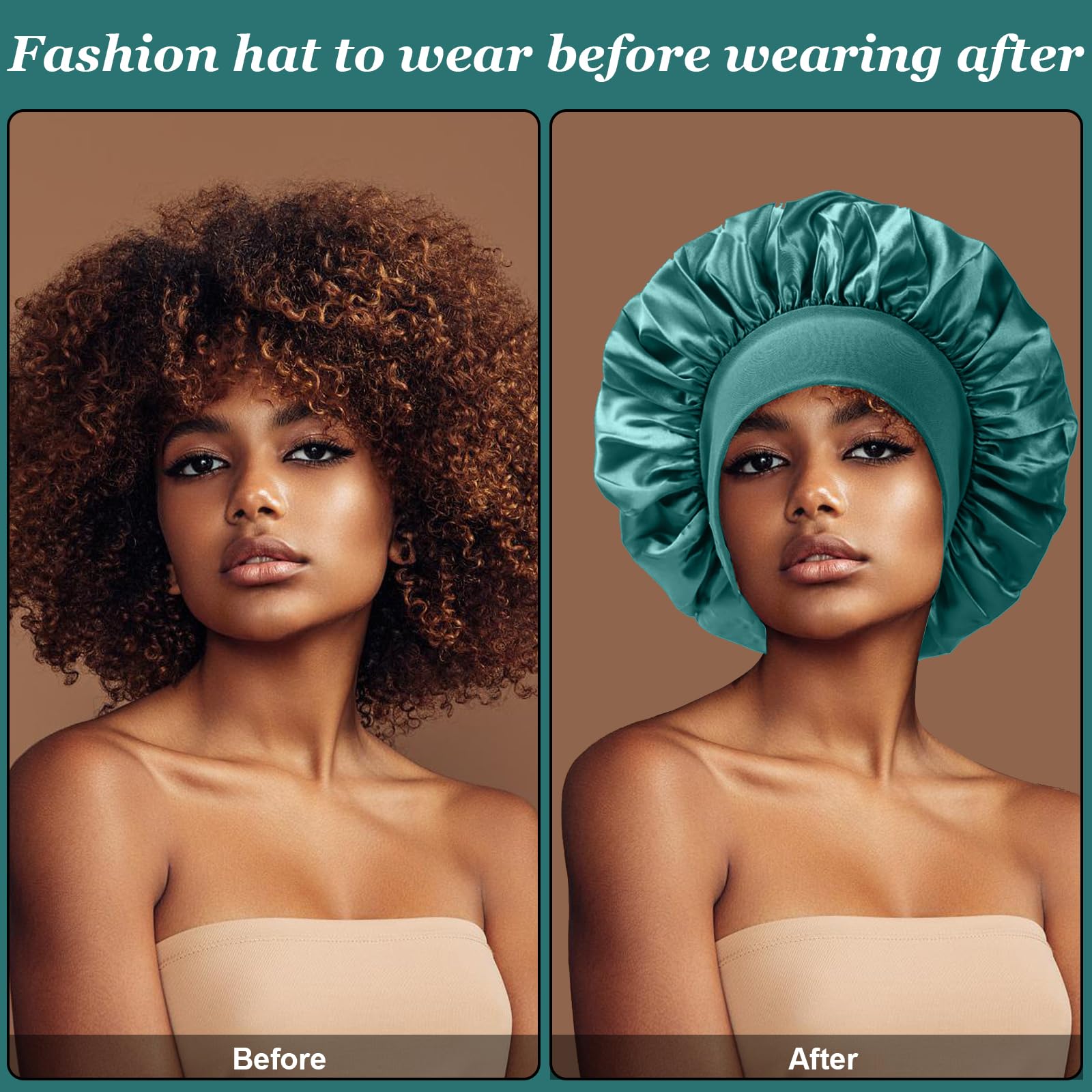 4PCS Silk Satin Bonnets for Black Women & Men - Elastic Wide Band Hair Wrap Cap for Curly Hair - Shower Cap for Sleeping (Black, Peacock Blue, Pink, Khaki)
