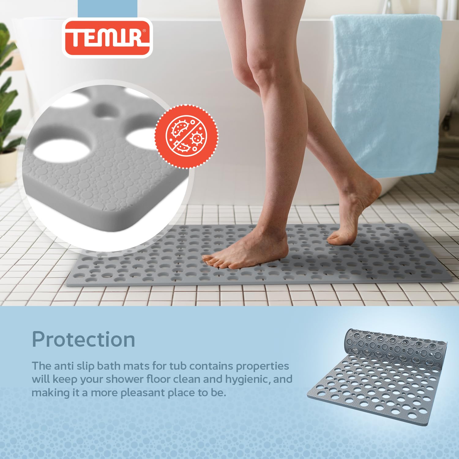 TEMIR Non Slip Bath Mat and Shower Mat with Suction Cups and Drain Holes, 30x17 in (75x43 cm), Soft Machine Washable Non Slip Bathtub mat, Shower Mats for Inside Shower, Easy Dry&Cut (Gray)