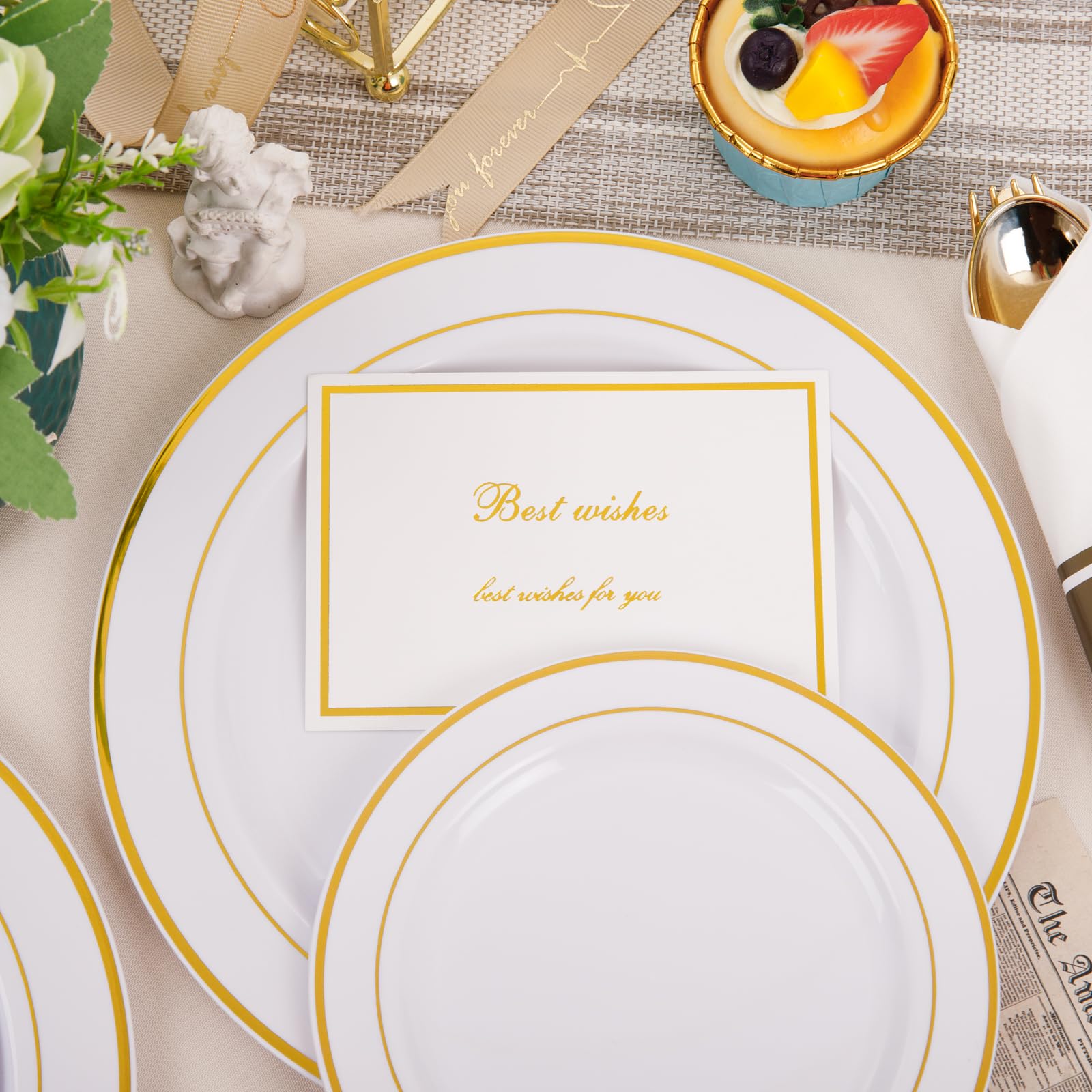 WDF Partyware 350Piece Gold Dinnerware Set for 50 Guests - Gold Plastic Plates with Disposable Cutlery Include:50Dinner Plates-50Dessert Plates-50Pre Rolled Napkins with Silverware for Thanksgiving