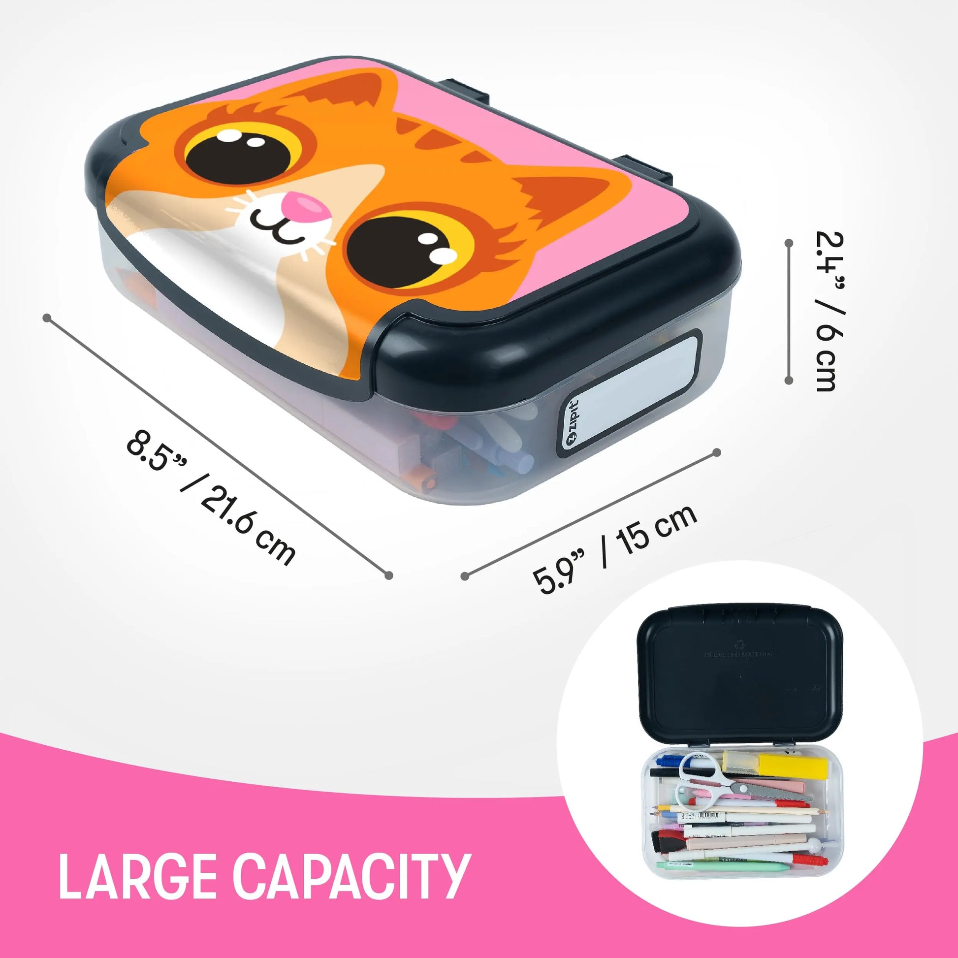 ZIPIT Recycled Plastic Pencil Box for Girls, Large Capacity Pencil Case for School, Durable Stationery Organizer Box, Kitty