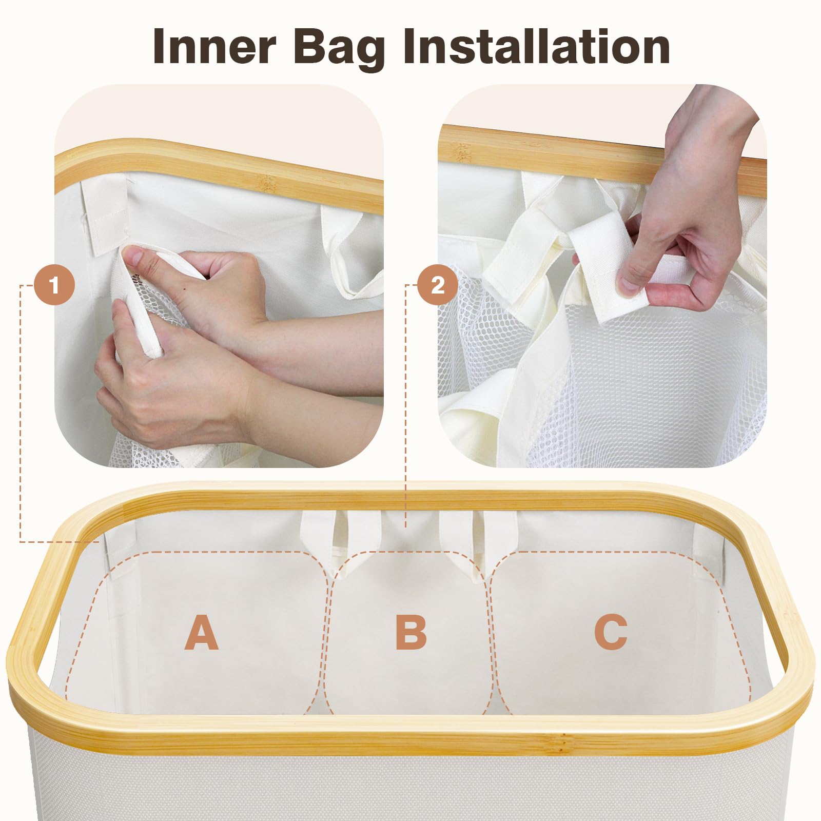 Laundry Basket with Lid, 145L Extra Large Laundry Hamper 3 Section Dirty Clothes Hampers for Laundry with Removable Laundry Bags, Laundry Sorter for Bedroom, Laundry Room, Beige