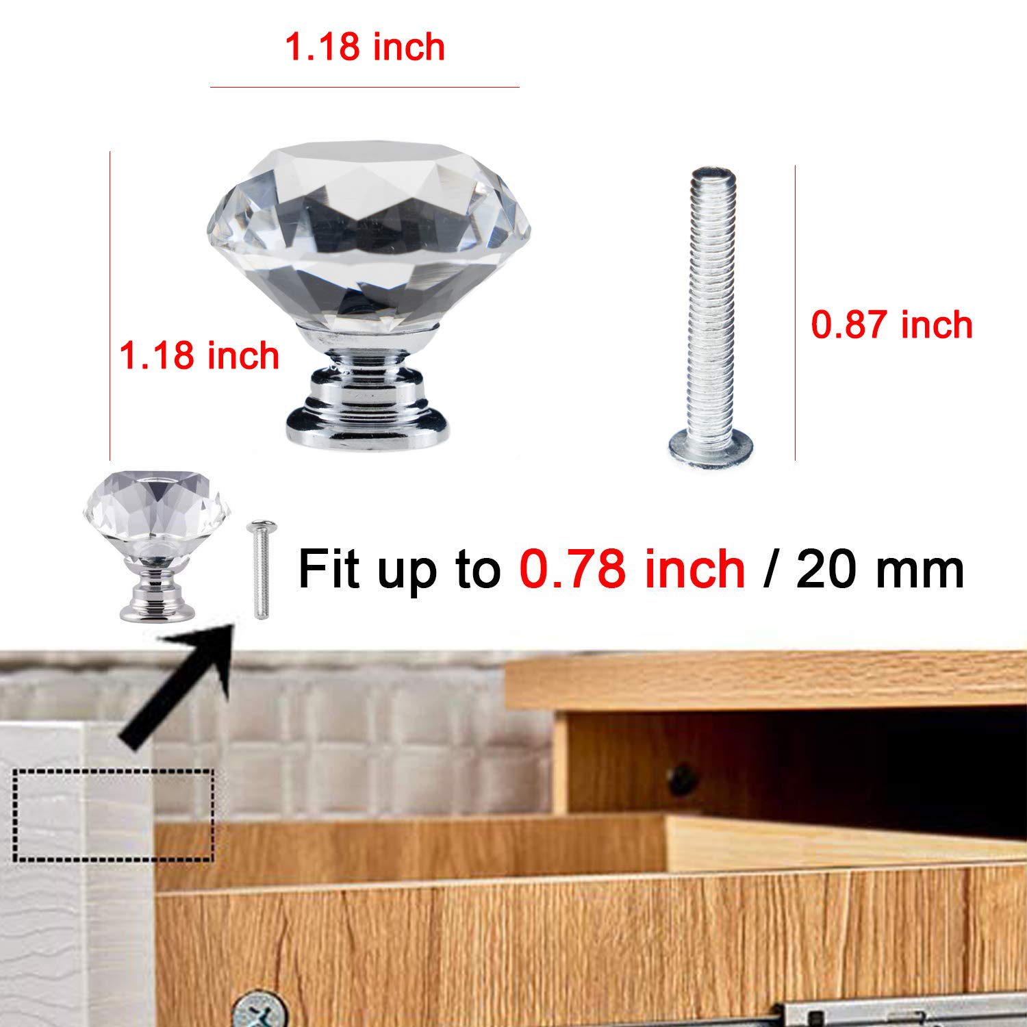 YourGift 12 Pack Drawer Knobs Diamond Shaped Crystal Glass 30mm Cabinet Knobs Pull Handles (Silver)
