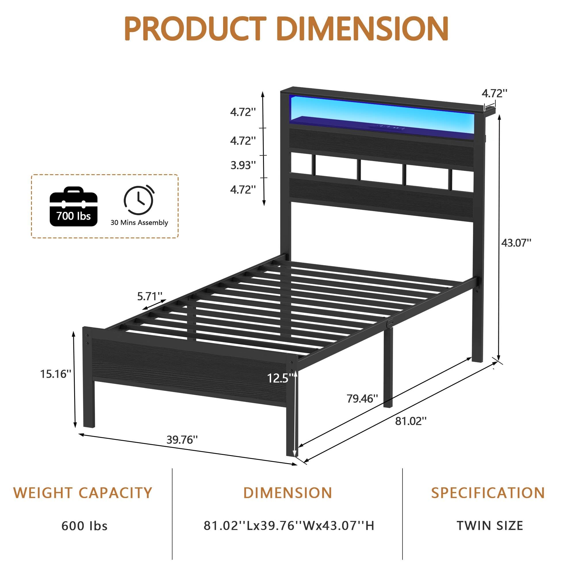 Furnulem Twin Bed Frames with Charging Station and LED Lights, Twin Size Platform Bed with Metal Slats, Wood Headboard with 2-Tier Storage Shelves, No Box Spring Needed, Black Oak