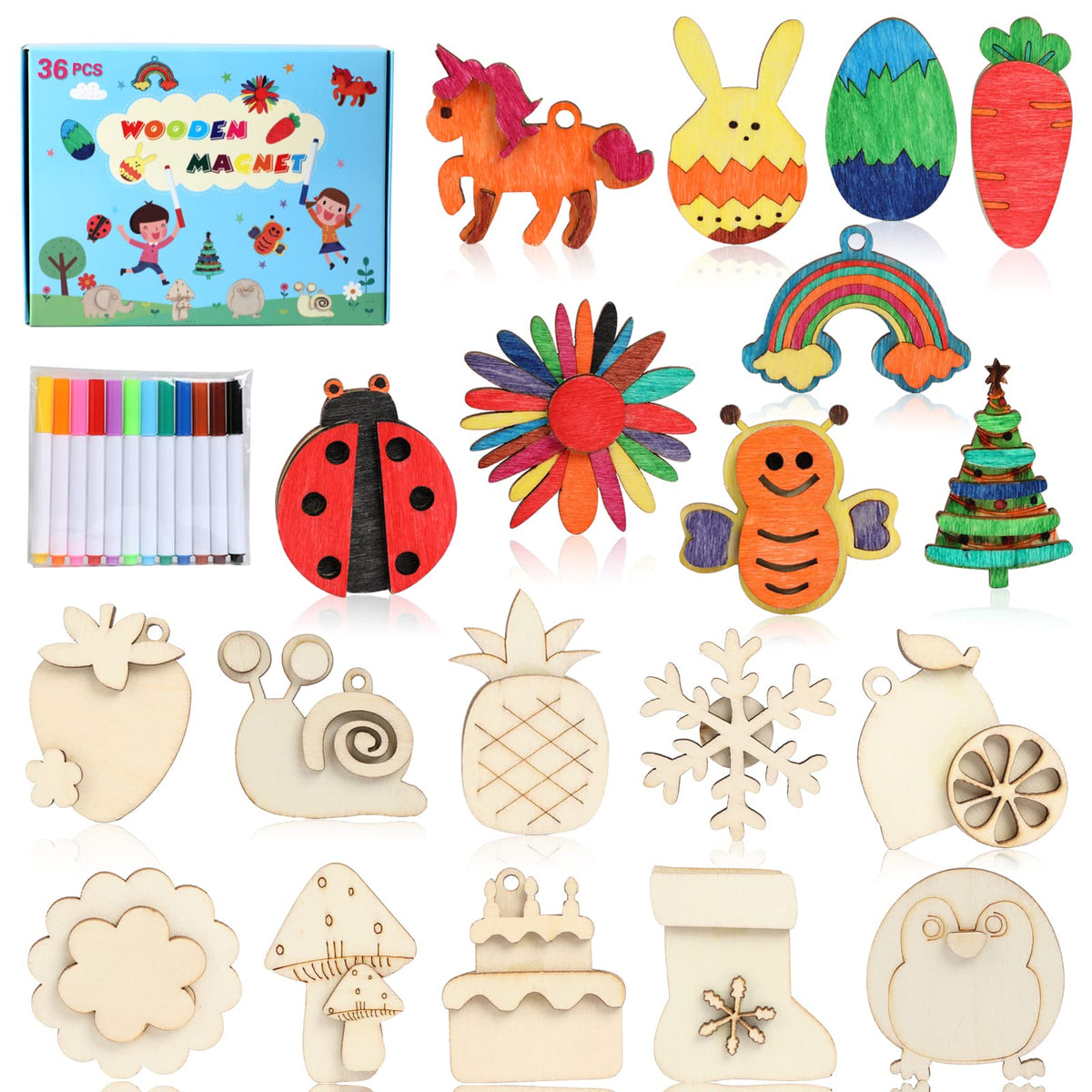 Worgree DIY Holzmagnete, 36-teiliges Holz-Kunsthandwerk-Set zum Bemalen für Kinder, Partygeschenke für Jungen und Mädchen im Alter von 4-8 und 8-12 Jahren, Geburtstags-Ostergeschenke, Spielzeug, Geschenkkörbe, Mitgebsel