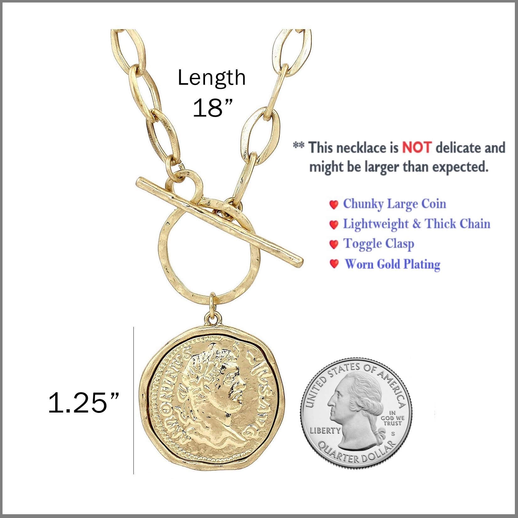 POMINA Chunky Gold Coin Necklace Trendy Fashion Statement Toggle Necklace Antique Gold Pendant Thick Link Chain Necklaces for Women (Worn Gold)