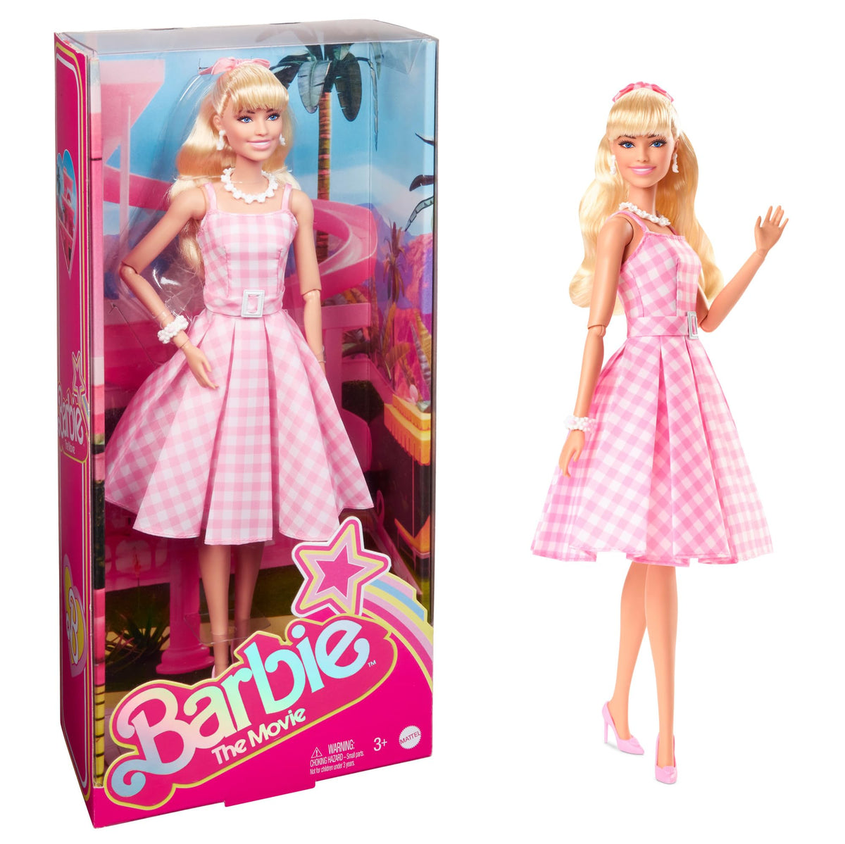 Barbie – Der Film, Sammlerpuppe mit Margot Robbie im pink-weiß karierten Kleid und Gänseblümchen-Kette