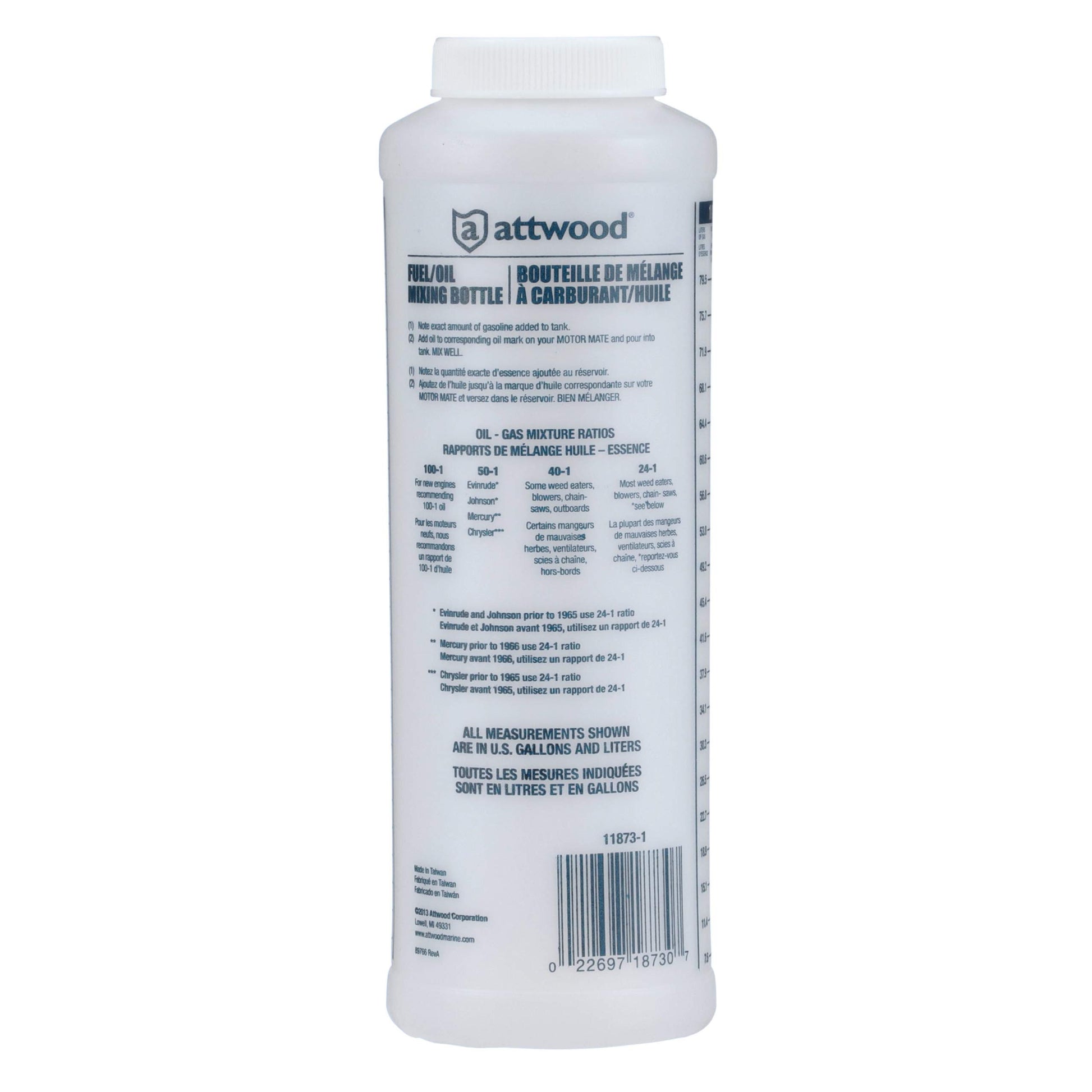 attwood 11873-1 Wide-Mouth Marine Fuel/Oil Mixing Bottle 1-Quart, One Size