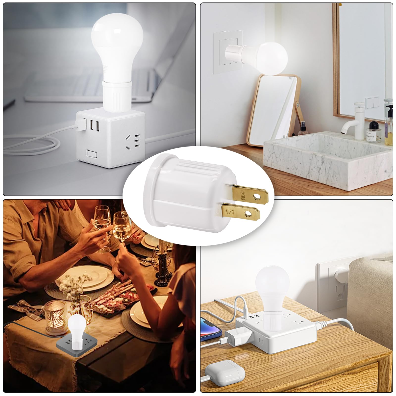 Outlet to Socket Adapter, Plug-in Light Socket, Convert Outlet to Light Bulb Socket, Polarized 2-Prong Outlet to E26 E27 Screw Base Bulb Socket, 660 Watt, 125 Volt, UL Listed (4-Pack)
