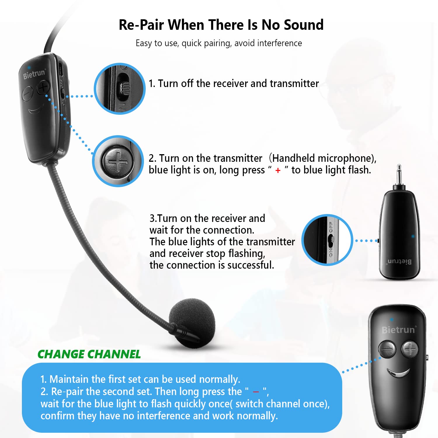 Bietrun Wireless Microphone Headset, UHF Wireless Headset Mic System, 160ft Range,1/8'' and 1/4'' Plug, for Speakers, Voice Amplifier, PA System(Not Supported AUX/iOS)