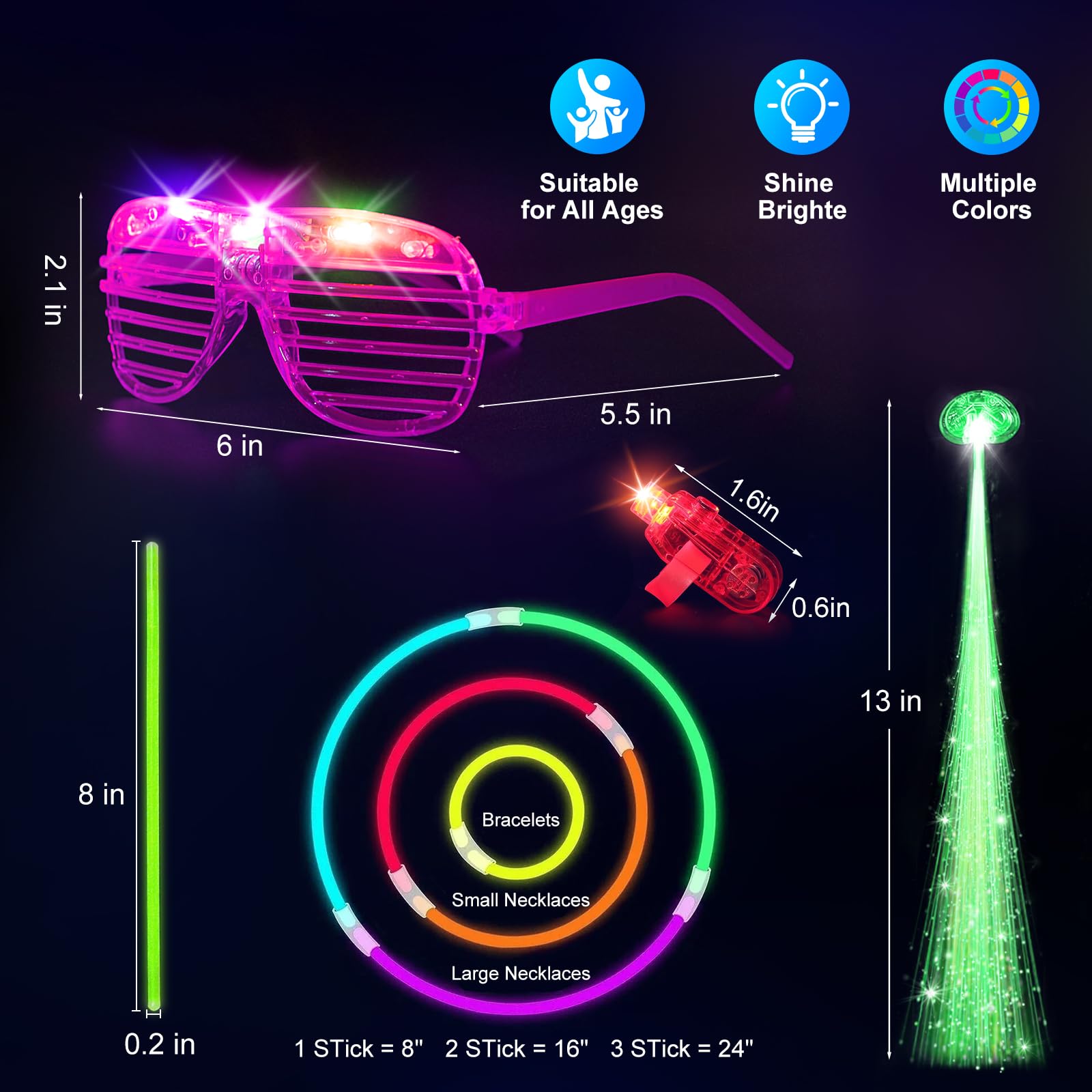 SHQDD 158 PCS Glow in the Dark Halloween Party Supplies, 14PCS LED Glasses, 30LED Finger Lights, 14LED Light Hairs and 100PCS Glow Sticks Bracelets, Neon Party Favors for Wedding,Concert, Birthday