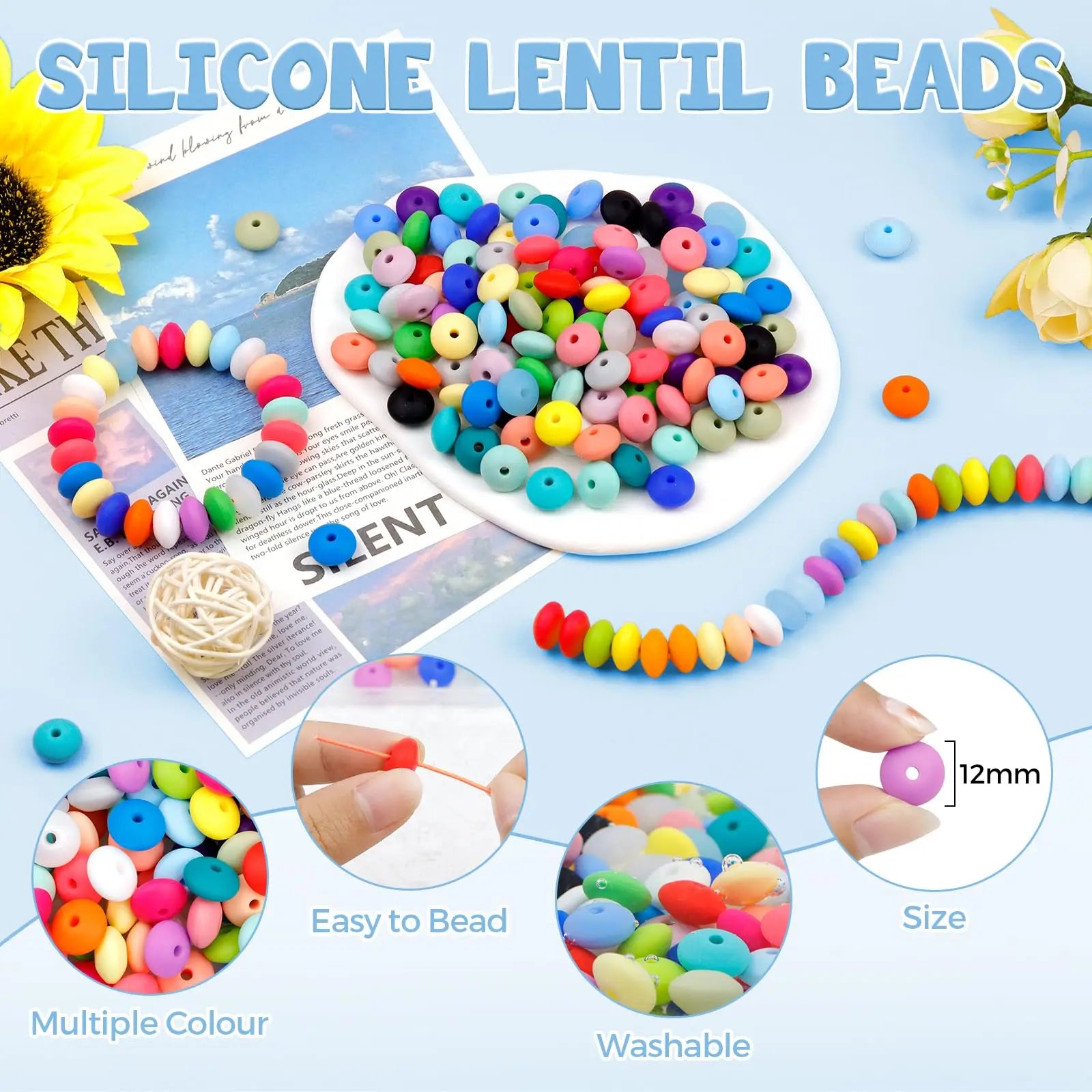 180PCS FIVEIZERO Silicone Lentil Beads,12mm 30 Colors Silicone Abacus Beads Bulk Loose Spacer Jewelry Beads Colorful DIY Lanyard Beads for Making Necklace Keychain Accessories
