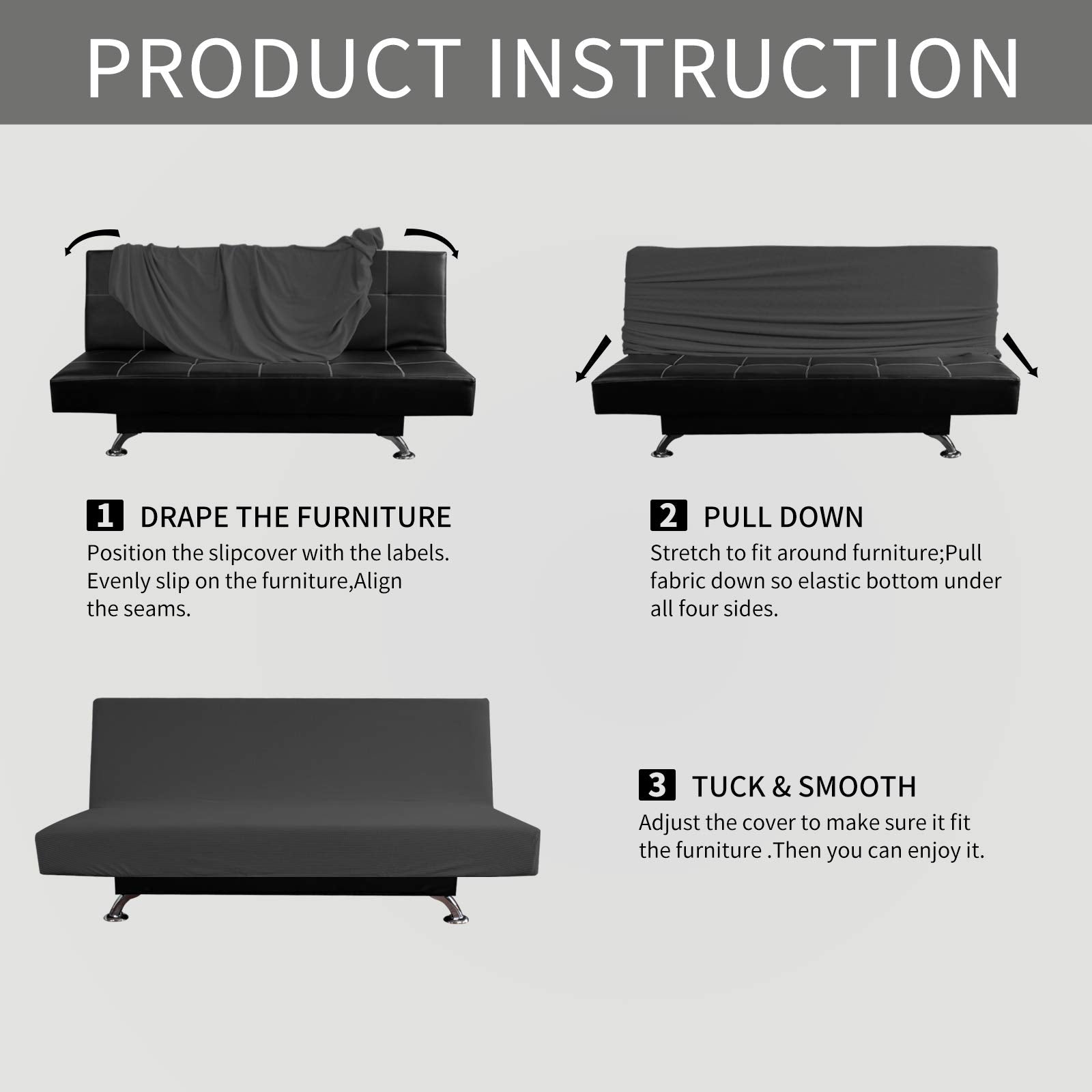 Easy-Going Stretch Futon Slipcover Armless Futon Bed Cover Furniture Protector Without Armrests with Elastic Bottom for Kids, Soft Jacquard Fabric Small Checks (Large, Dark Gray)