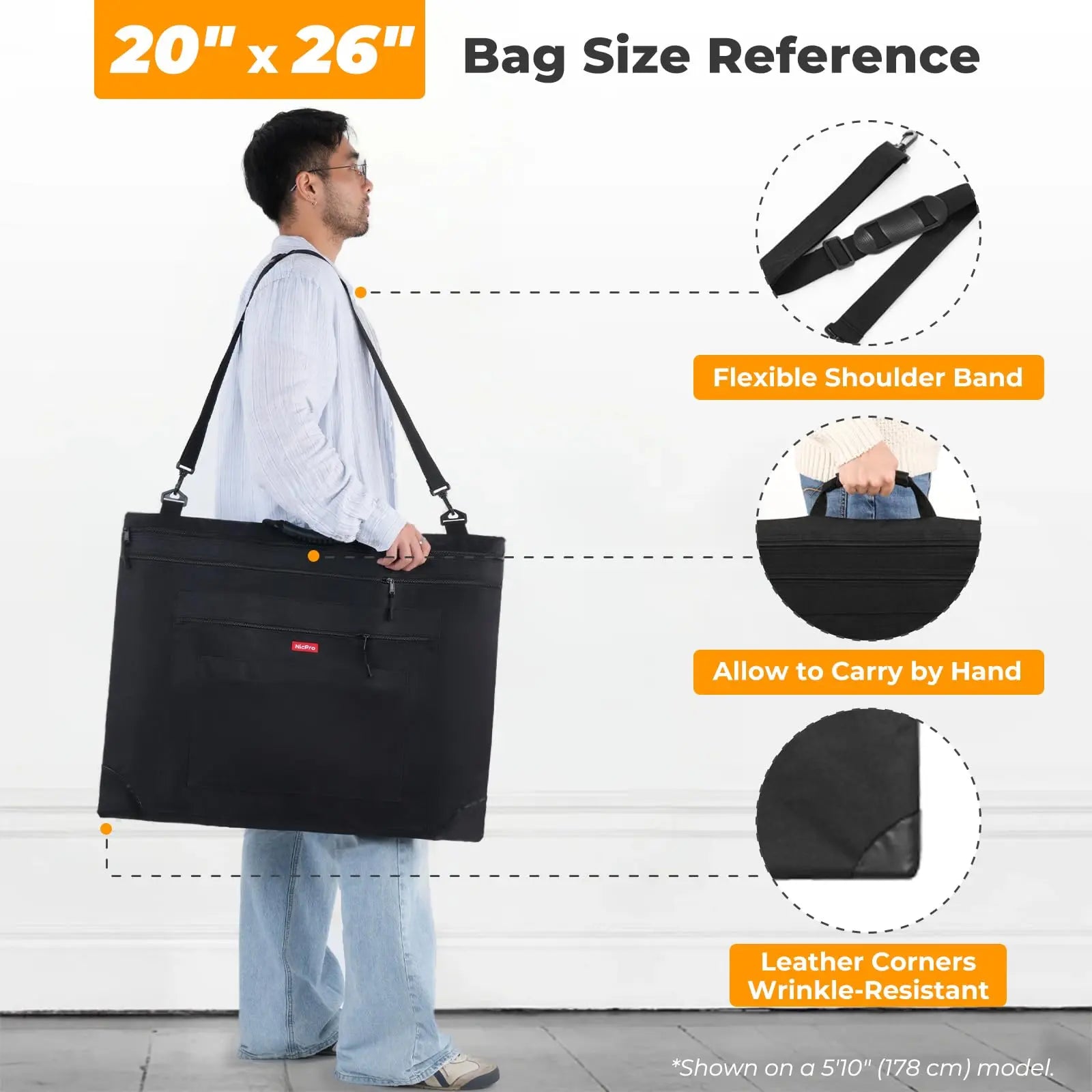 Nicpro Light Weight Art Portfolio Bag, 20x26 Black Art Canvas Portfolio Case with Detachable Shoulder Strap, Leather Corners, Carrying Storage Case for Artwork, Poster, Sketching, and Drawing