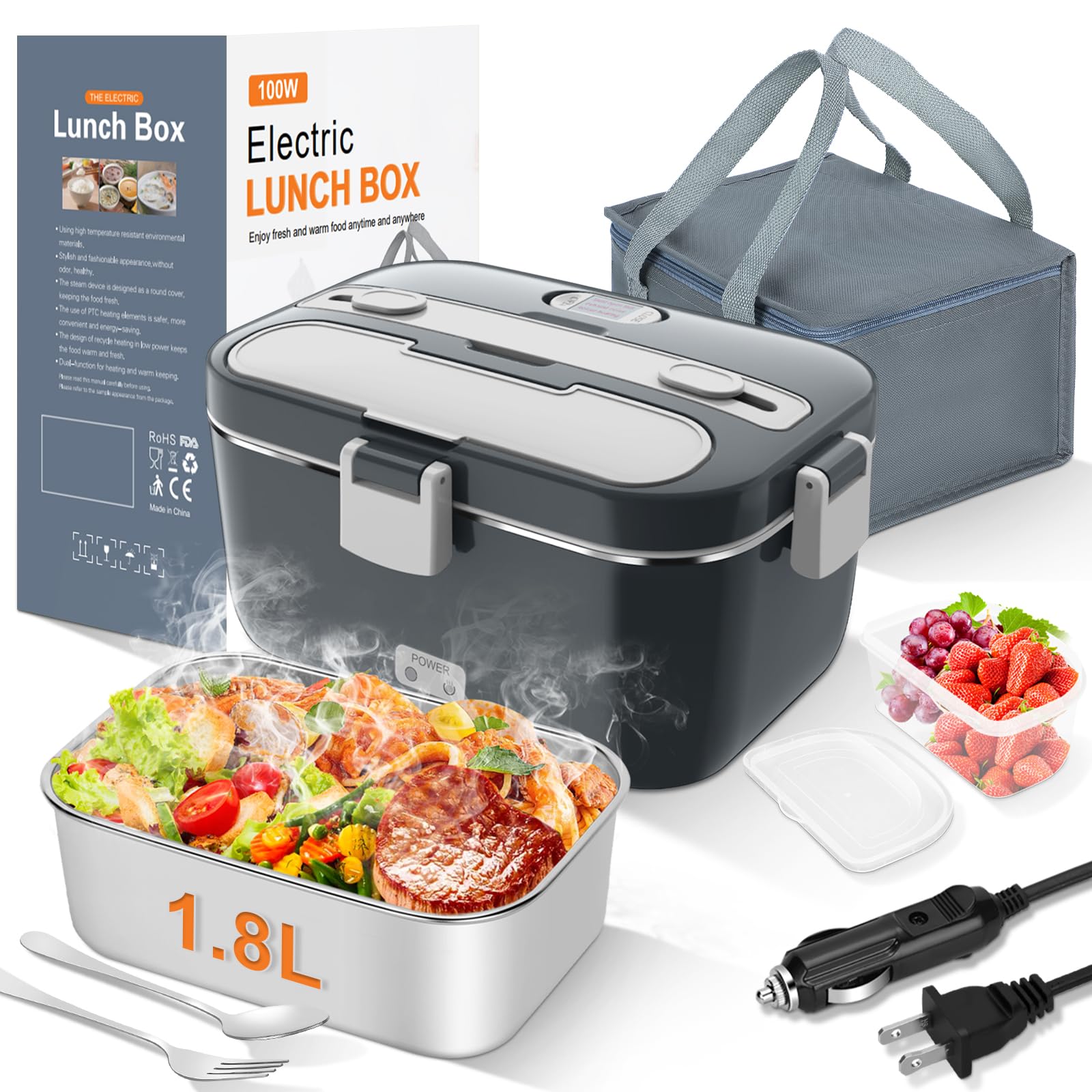 DUPASU Electric Lunch Box Food Warmer: 100W Heated Lunch Box for Adults, 1.8L Portable Fast Heating Lunchbox Food Heater for Car, Truck, Work, Travel, Lonchera Elctrica Porttil 12/24V/110-230V