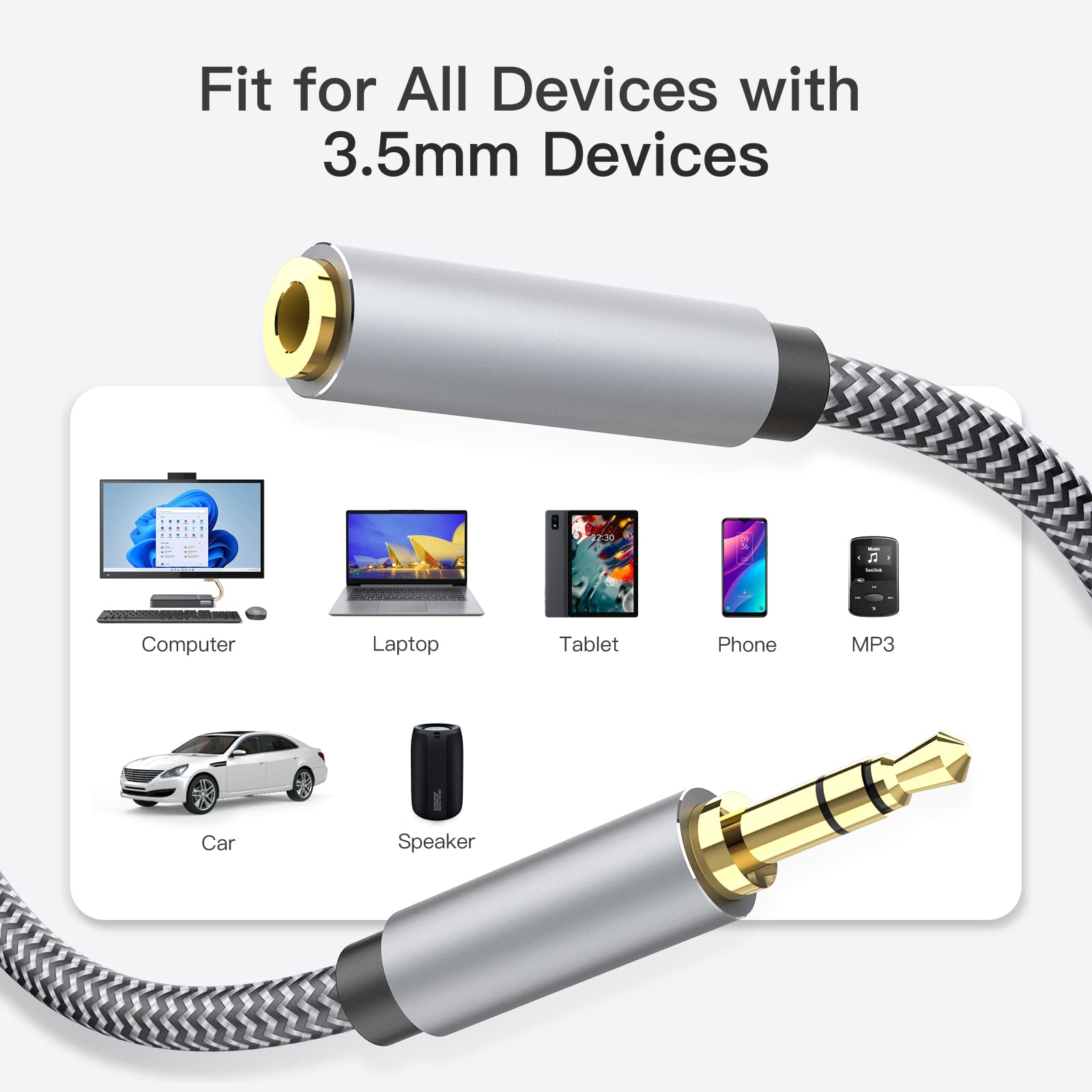 MORELECS Headphone Extension Cable 10ft - 3.5mm Extension Cable Nylon Braided Aux Cord Extender for Smartphones, Tablets, Media Players (No Mic Support)