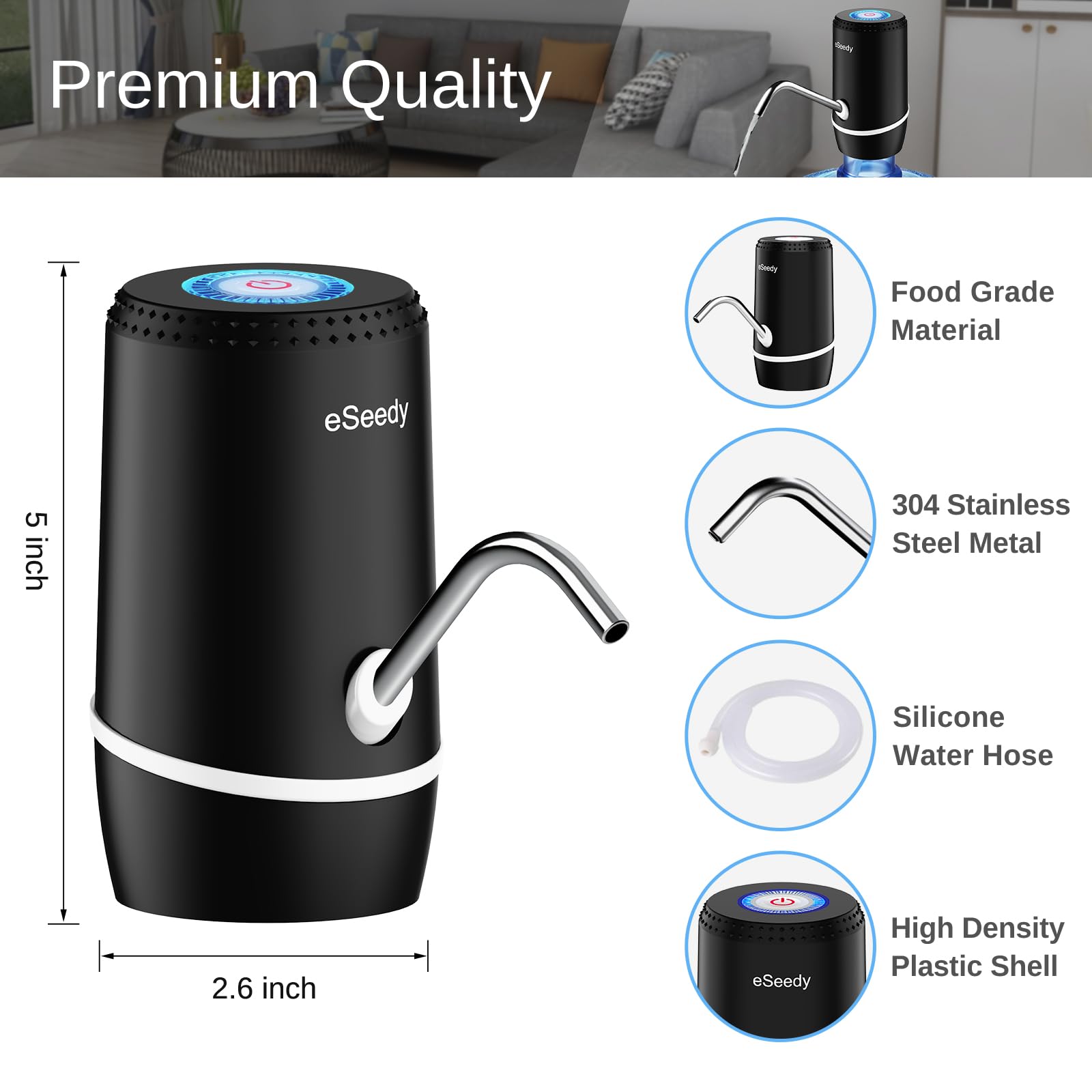 Water Pump for 5 Gallon Bottle, USB Charging Automatic Water Dispenser with Rechargeable Battery, Portable Electric Drinking Water Jug Pump for Home, Kitchen, Living Room, Office, Camping - Black