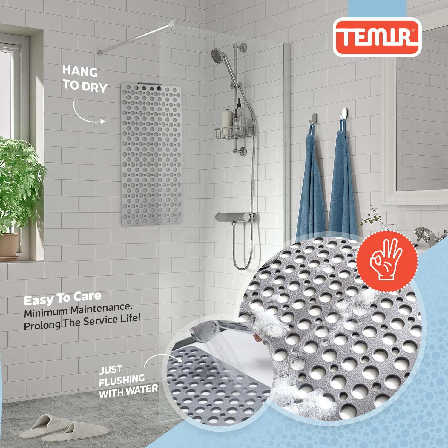 TEMIR Non Slip Bath Mat and Shower Mat with Suction Cups and Drain Holes, 30x17 in (75x43 cm), Soft Machine Washable Non Slip Bathtub mat, Shower Mats for Inside Shower, Easy Dry&Cut (Gray)