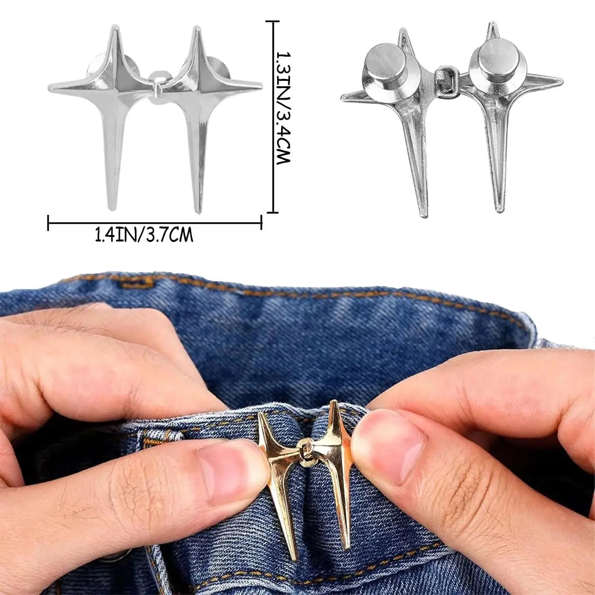8 Sets Adjustable Star Button Pant Waist Tightener, Adjustable Waist Buckle Sets No Sew and No Tools Detachable Decorative Waist Buckles, Jean Buttons Pins for Loose Jeans, Pants, Skirts, Sleeves