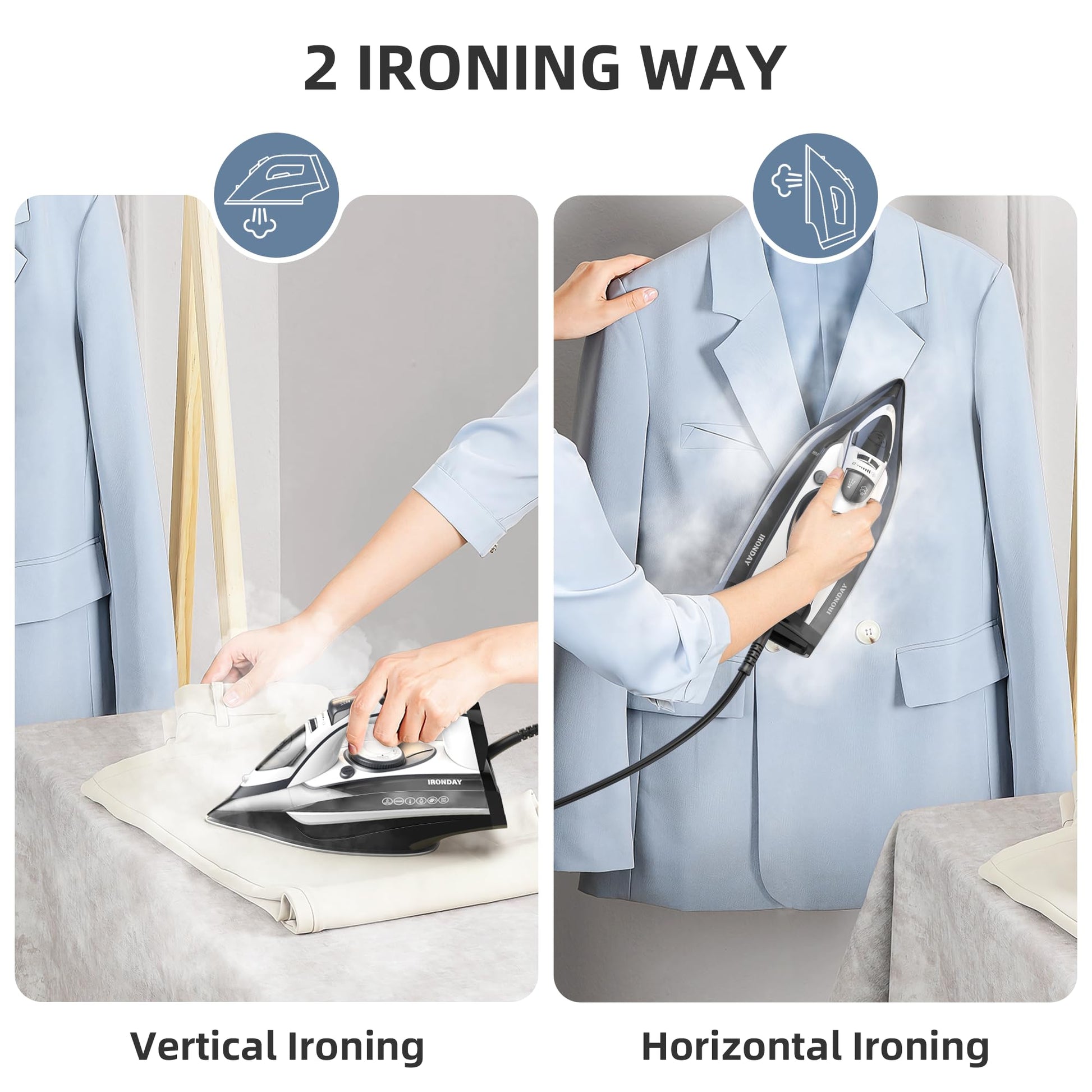 IRONDAY Steam Iron for Clothes Rapid Heating, 1700W Iron with Non-Stick Ceramic Soleplate, 3-Way Auto-Off, Burst of Steam, Self-Cleaning, 14.07oz Water Tank Ironing Clothes for Home, Grey