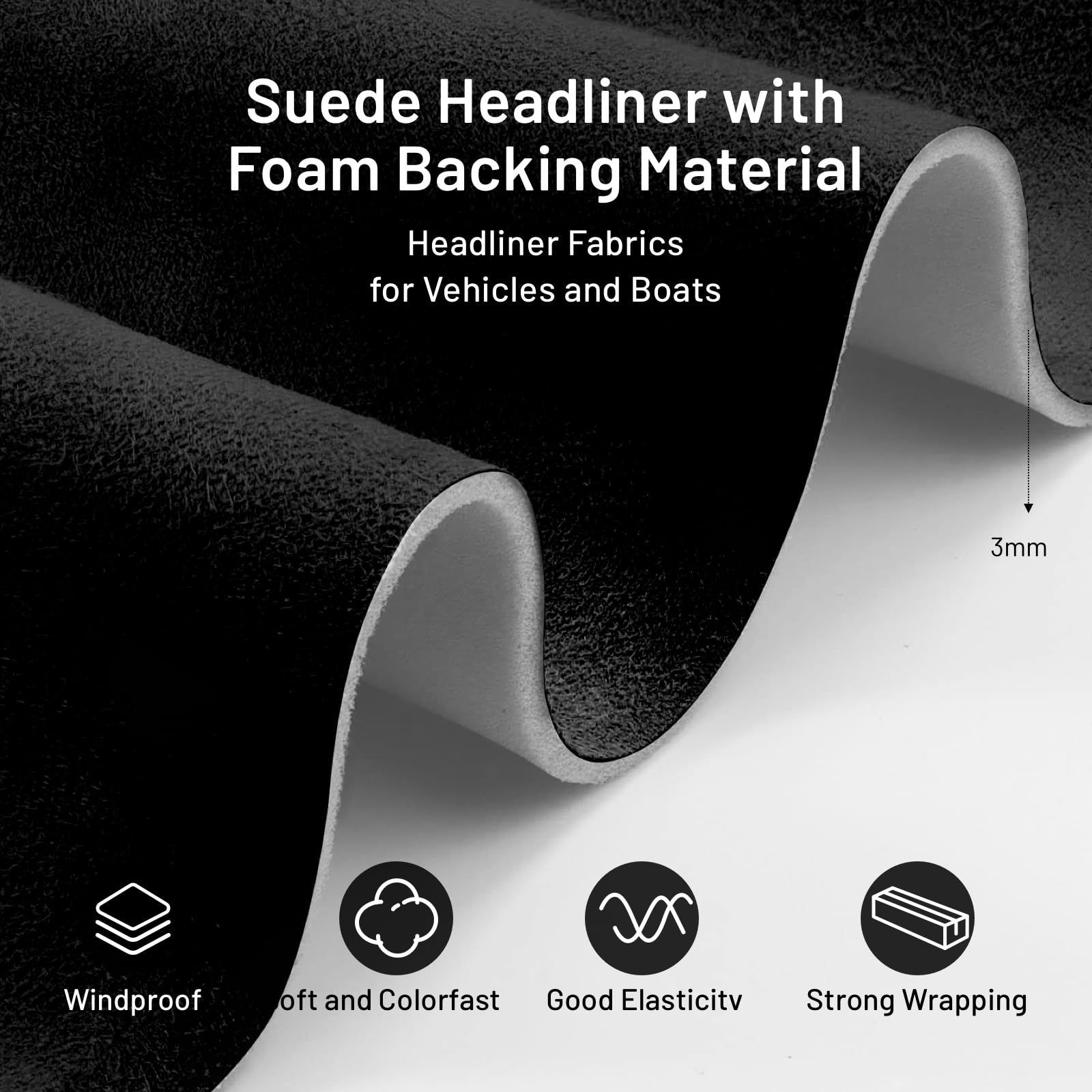 Hiksuky Suede Auto Headliner Fabric 98" L × 60" W with Foam Backing - Black Interior Replacement Material for Car/Truck/SUV/RV Roof, Tube Packaging - Home Repair/DIY Headliner Material