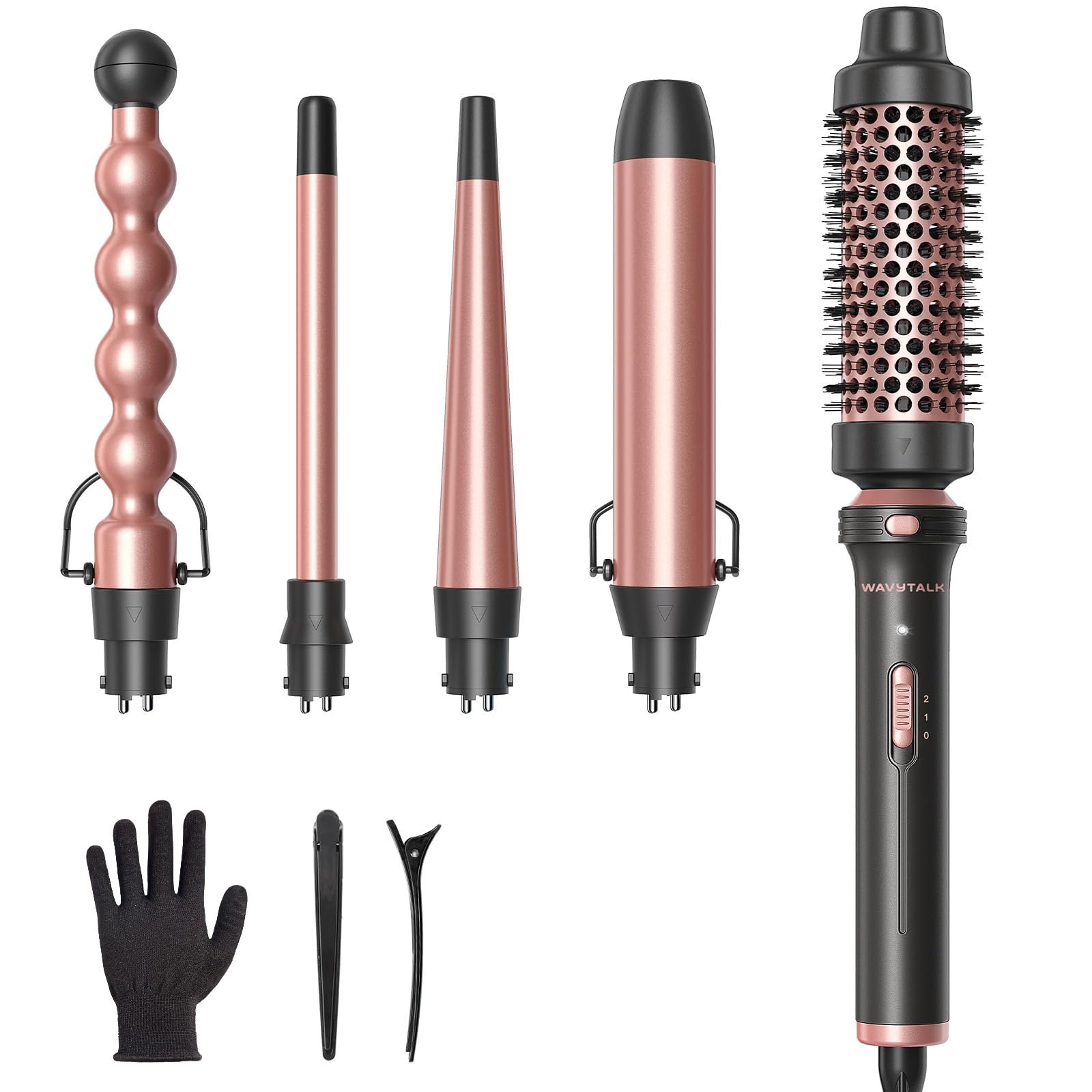 Wavytalk 5 in 1 Curling Wand Set, Multi Curl, Curling Wand Set with Thermal Brush and 4 Interchangeable Ceramic Curling Wand(0.5"-1.25"), Instant Heat Up Wand Curling Iron (Rose Gold)