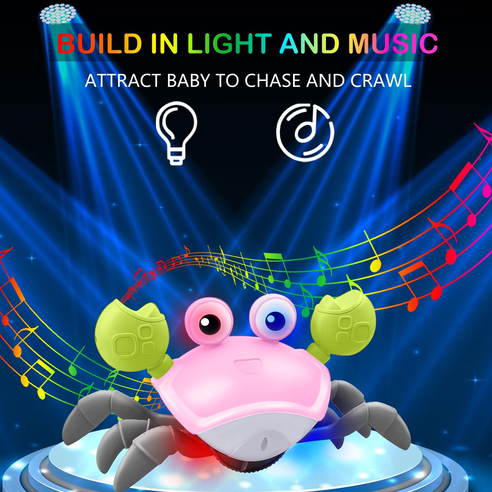 Plnmlls Crawling Crab Baby Toy - Tummy Time Toys - with Music and LED Light,Built-in Rechargeable Battery and Volume Can be Turned Off for 0-6 6-12 12-18 36 Months Walking Toddler Birthday Gift(Pink)