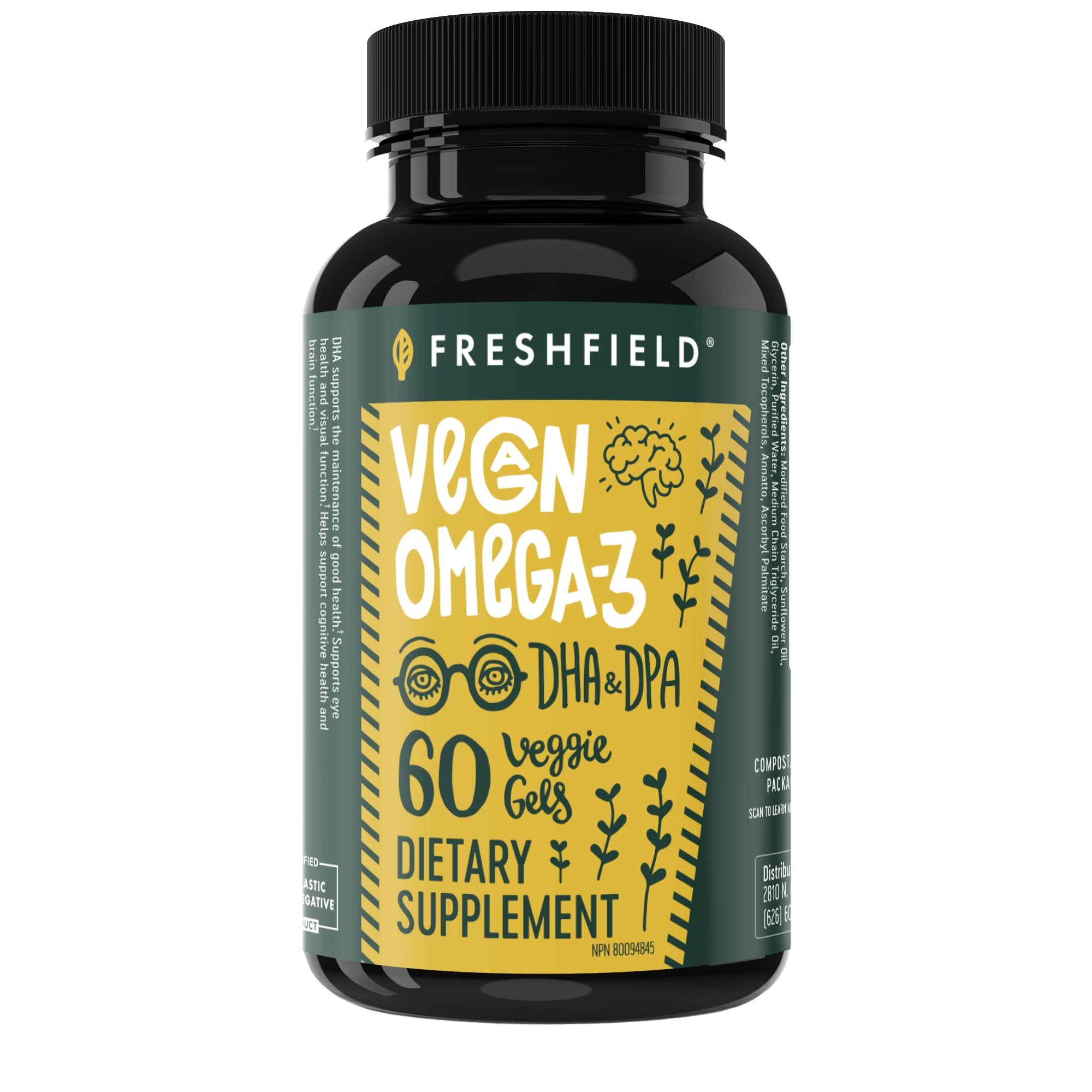 Freshfield Vegan Omega 3 DHA: Algae Oil, Most Reviewed, Carrageenan Free, Sustainably Sourced, Tested, No Heavy Metals, Fish Oil Alt, Plant Based Omega. Supports Heart, Brain, Joint Health w/DPA