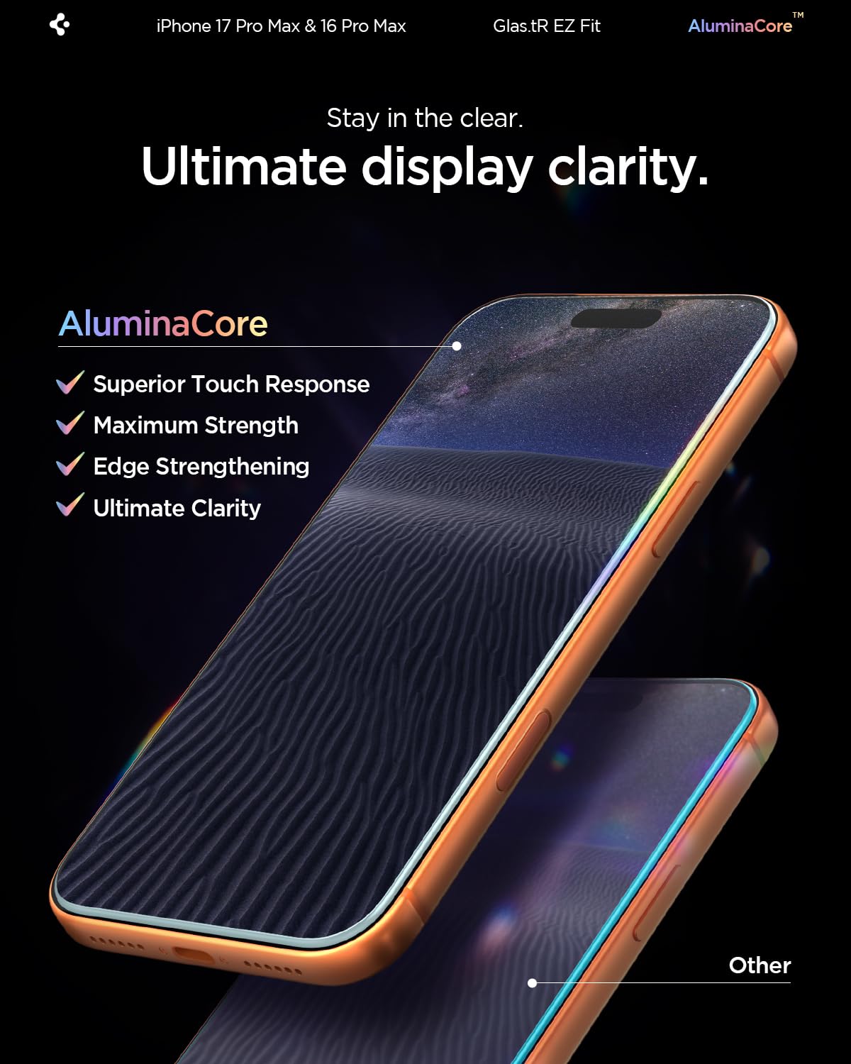 Spigen AluminaCore Tempered Glass Screen Protector [Glas.tR EZ Fit] designed for iPhone 17 Pro Max | iPhone 16 Pro Max [2 Pack] 9H+ Hardness, Aluminum-Enhanced Durability