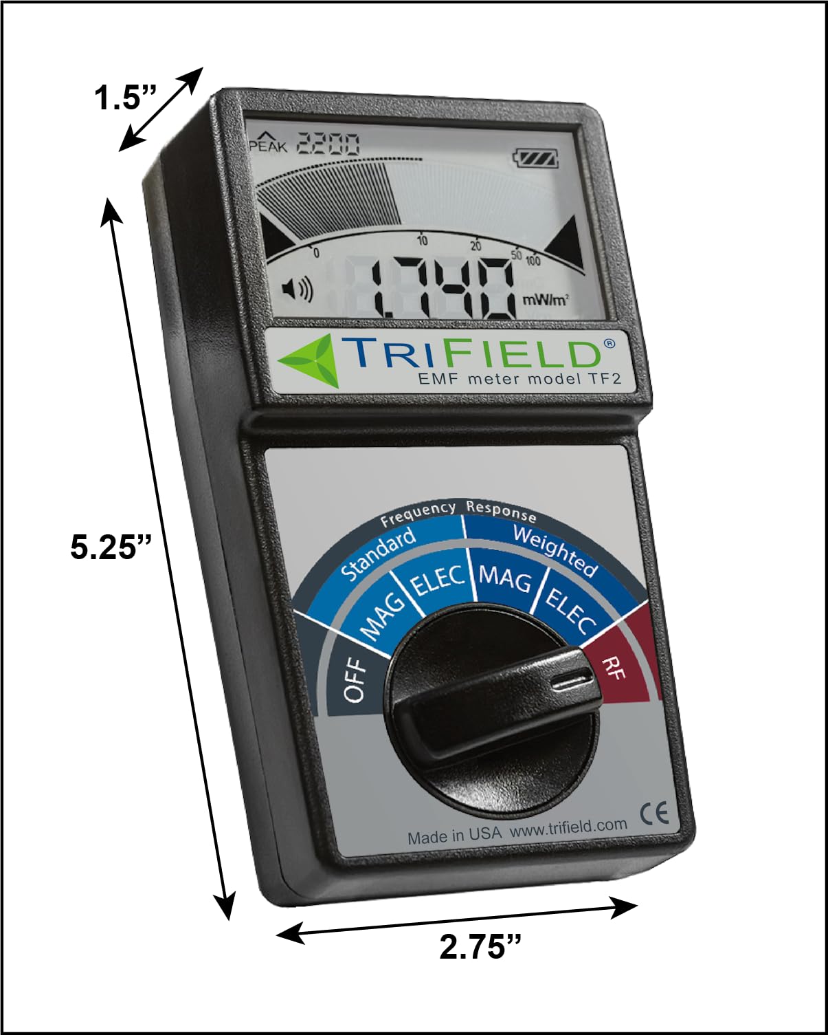TriField EMF Meter Model TF2 – Made in USA - #1 Handheld EMF Detector for 3 Types of Electromagnetic Fields: Radio/Magnetic/Electric - Measure 5G, Cell Towers, WiFi, Bluetooth, & Smart Meters