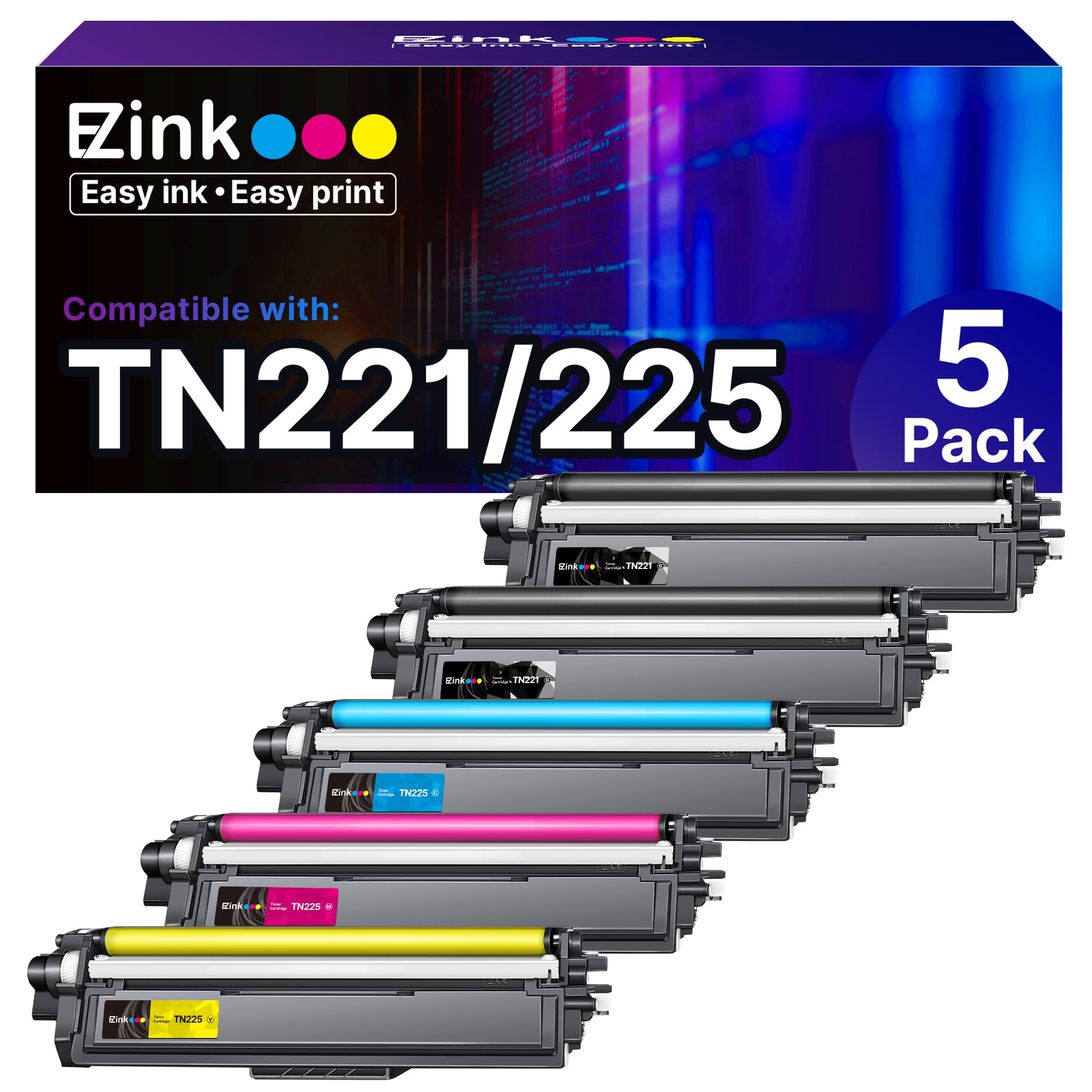 E-Z Ink Compatible TN221 TN225 Toner Cartridge Replacement for Brother TN-221 TN-225 to Use with MFC-9130CW HL-3170CDW MFC-9340CDW HL-3140CW MFC-9330CDW (2 Black 1 Cyan 1 Magenta 1 Yellow, 5 Pack)