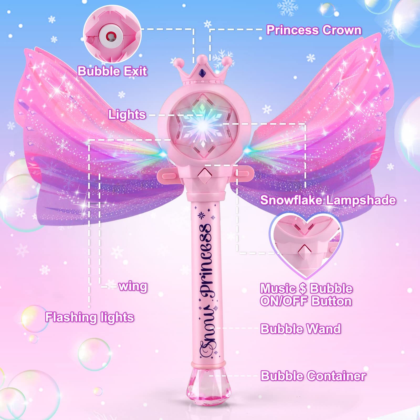 Britik Bubble Wands for Kids Girls - LED Light & Music Bubble Machine: 3 AA Batteries & 2 Bubble Solutions, Outdoor Party Birthday Toys for Toddlers, Gift for 3 4 5 6 7 8 Year Old Girls