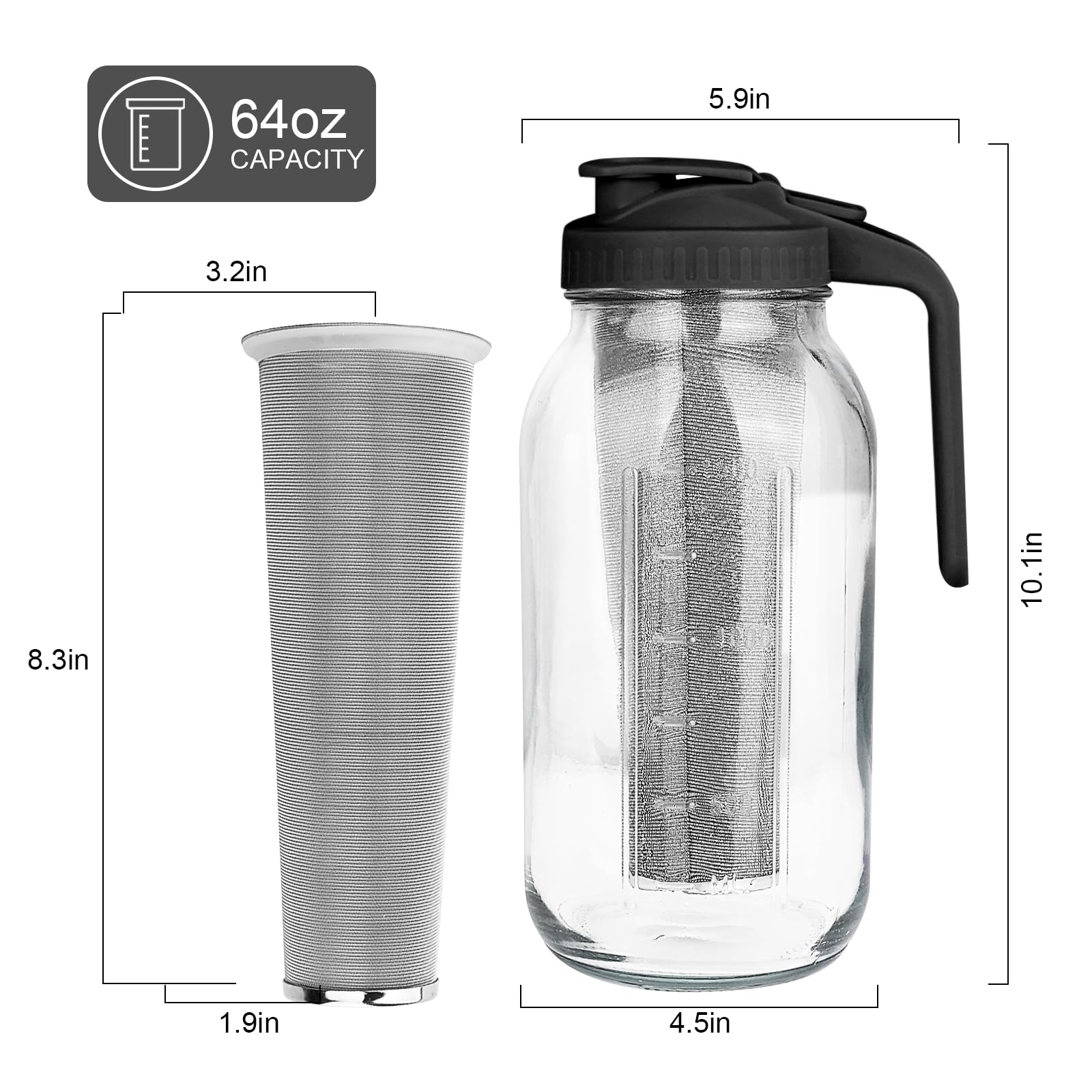 Cold Brew Coffee Maker,64 oz Mason Jar Pitcher with Stainless Steel Filter, Pour Spout Handle Lid, Heavy Duty Glass Airtight & Leak-Proof Pitcher for iced coffee Tea Lemonade
