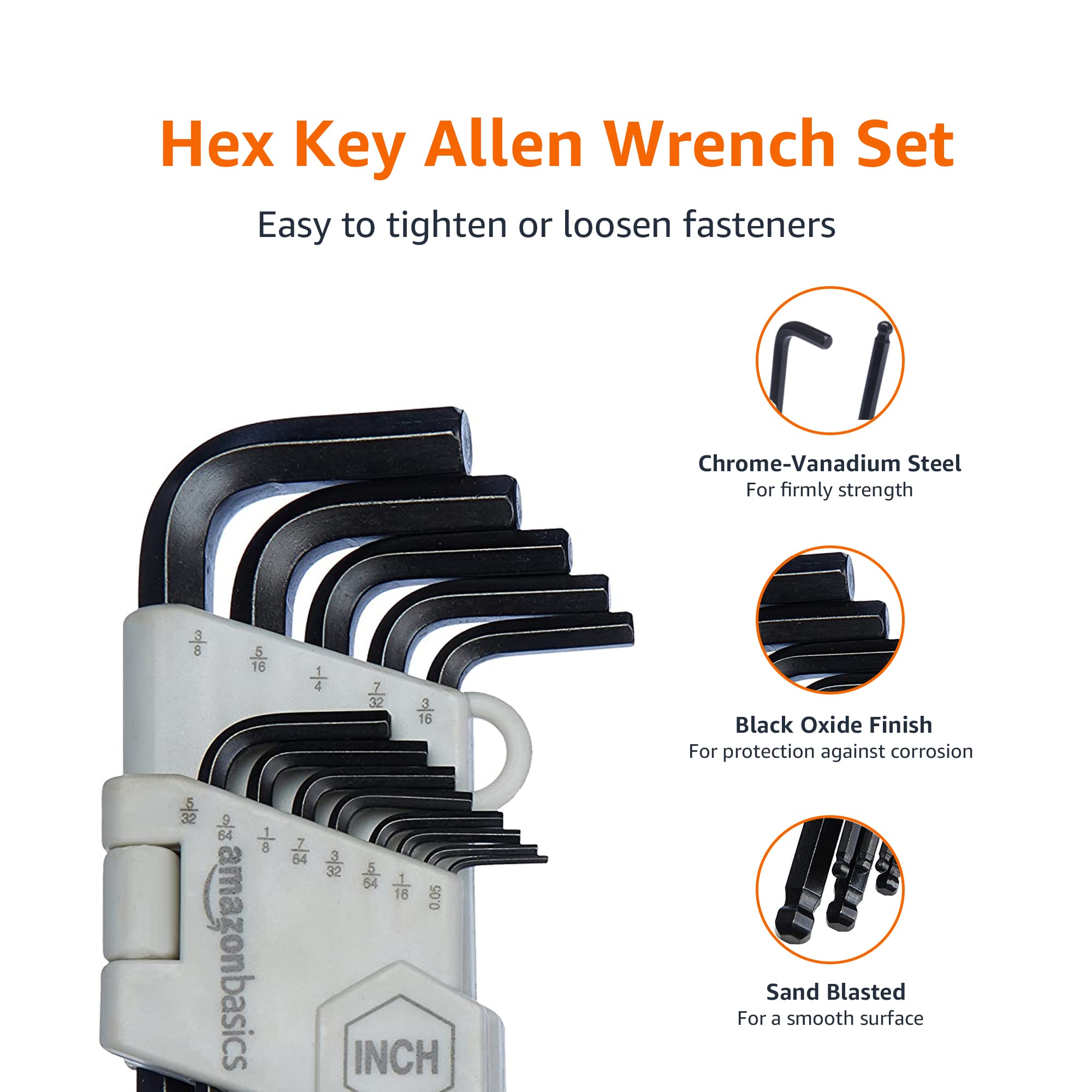 Amazon Basics Hex Key Allen Wrench, Long Arm, Metric and Standard Sizes, 26-Piece