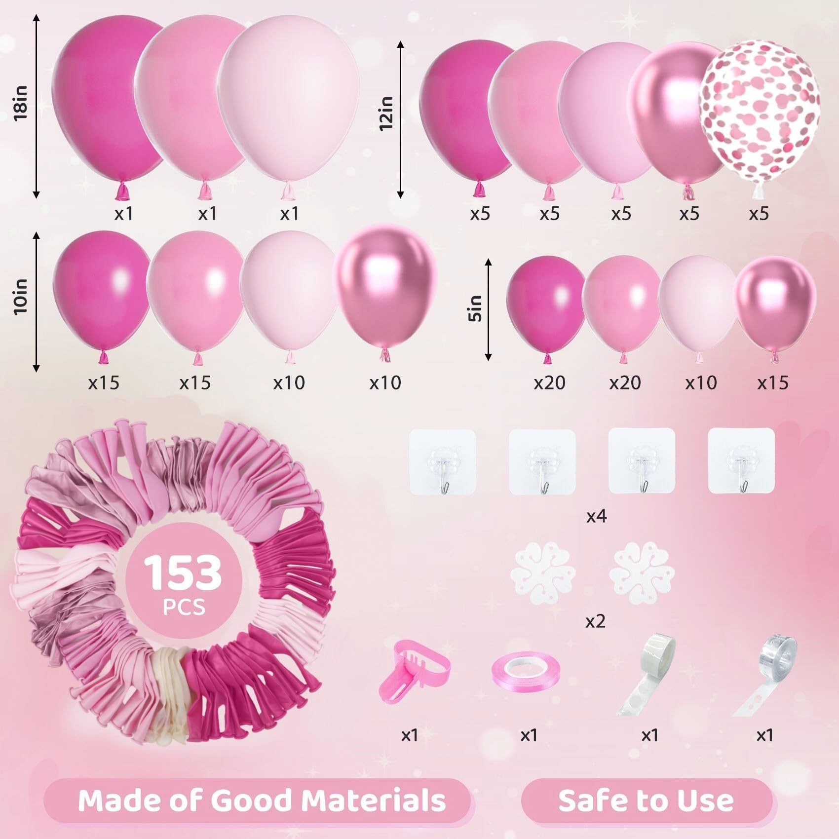 Amandir 153pcs Pink Balloon Garland Arch Kit, Different Sizes 18 12 10 5 inch Hot Pink Latex Metallic Confetti Pink Balloons for Birthday Princess Wedding Baby Shower Party Decorations