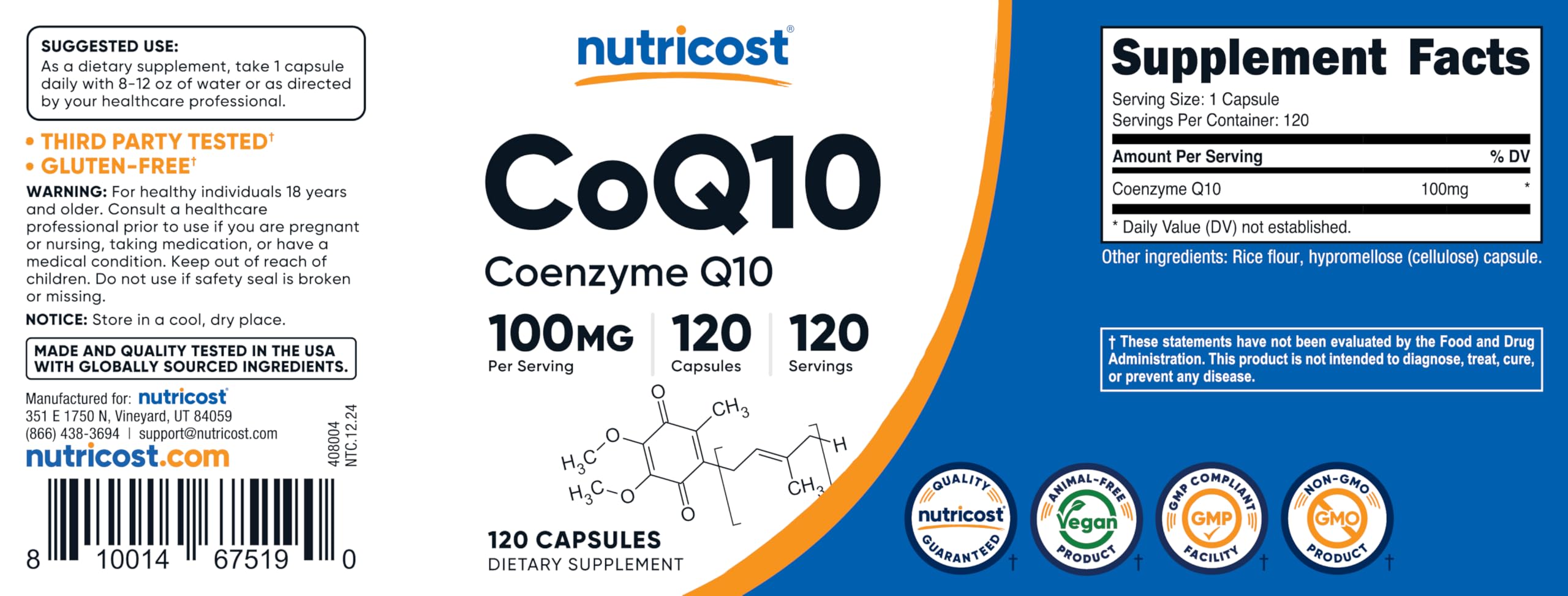Nutricost CoQ10 100mg, 120 Vegetarian Capsules, 120 Servings - High Absorption, Vegetarian, Non-GMO, Coenzyme Q10