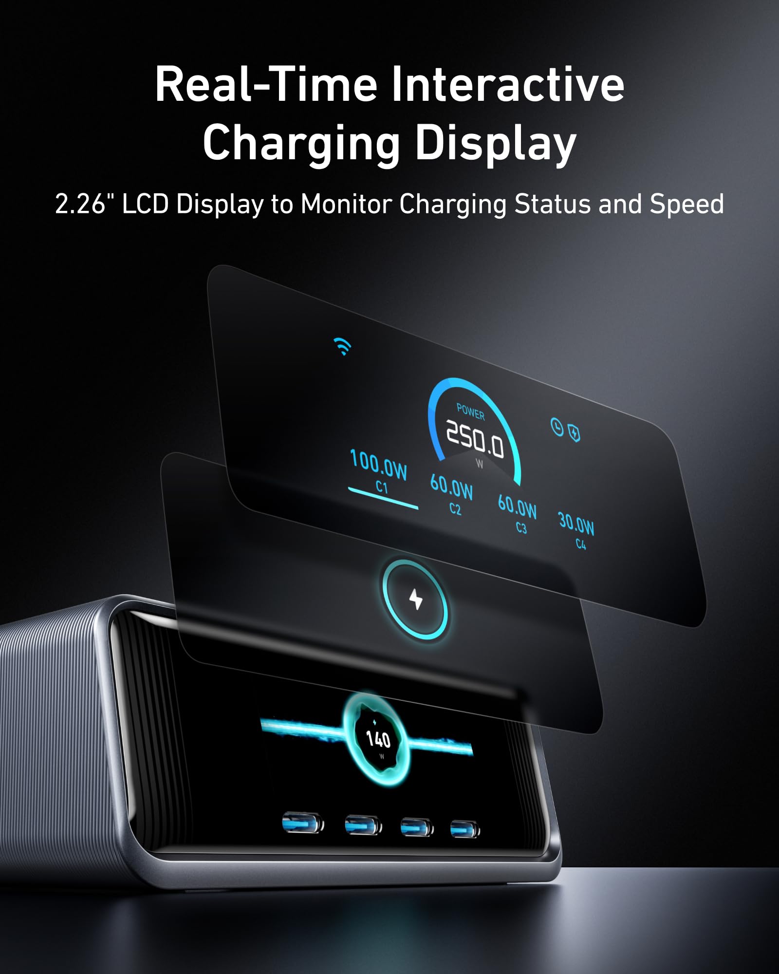 Anker Prime Charger, 250W GaN Prime USB C Charging Station, Ultra-Fast 6-Port, 2.26" LCD Display and Smart Control Dial, Compatible with MacBook Pro/Air, iPhone 16/15/14, Galaxy, and More (Silver)