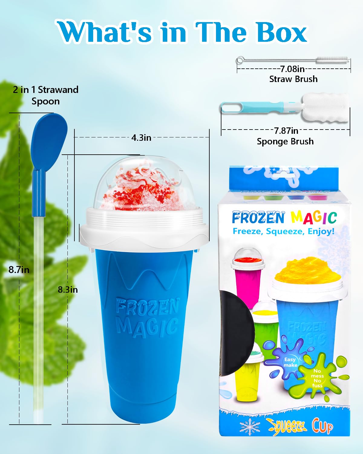 Bollove Slushy Maker Cup, DIY Magic Slushy Maker Squeeze Cup, Portable Smoothie Squeeze Cup for Juices, Milk and Ice Cream Make, Double Layers Silica Cup with Lid & Straw (Blue), 7.87*4.33in