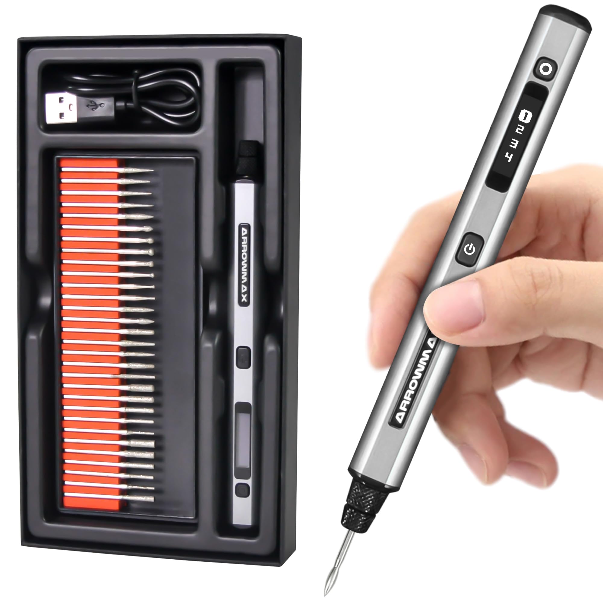 AM ARROWMAX Mini Engraving Pen: Ultimate Cordless Portable Tool for Artists & DIYers - Engrave 50+ Surfaces - Beginner Friendly - Engraving Pen for Bead, Metal, Wood, Glass and Plastic