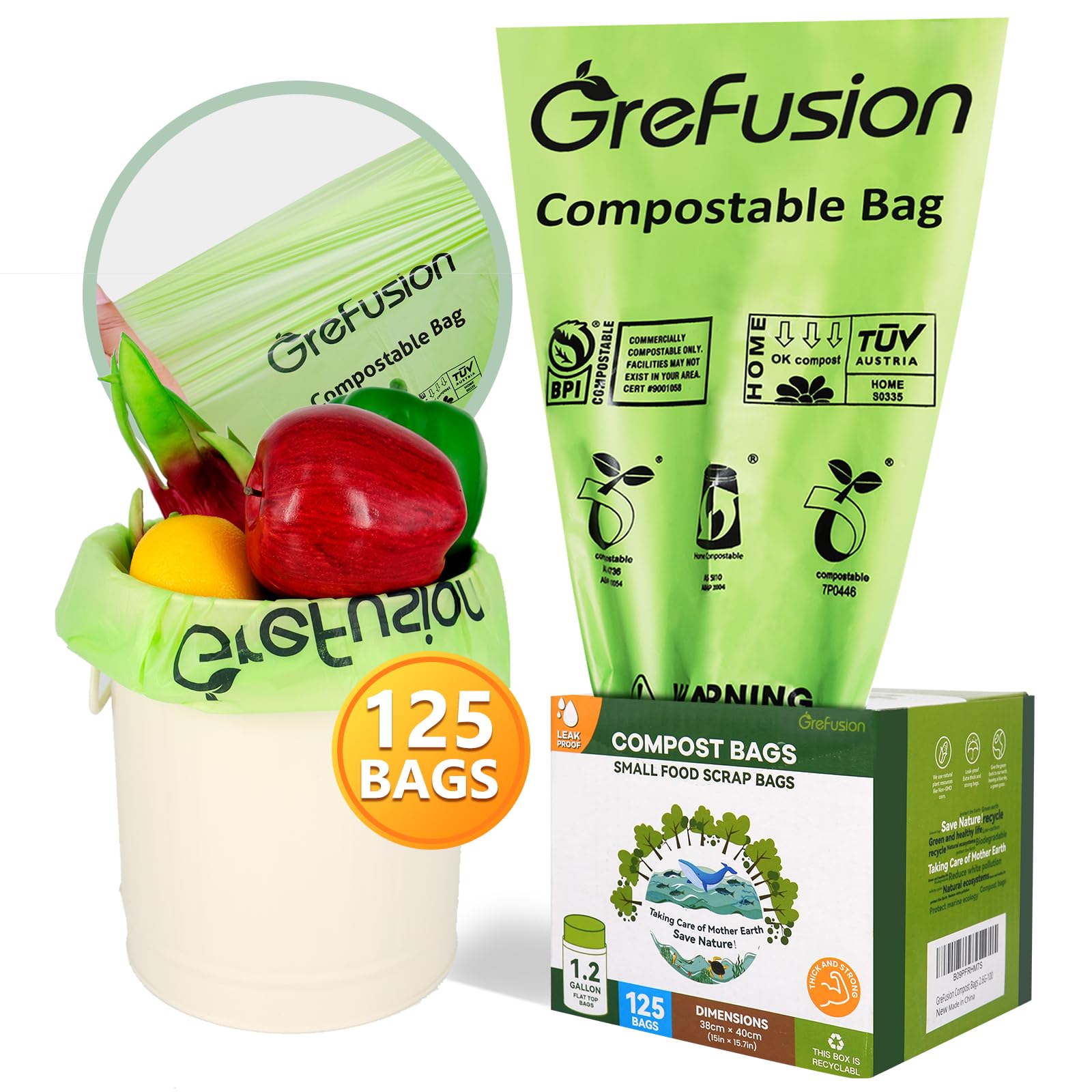 GreFusion Compostable Bags for Kitchen Compost Bin, 1.2 Gallon, 125 Count, Certified by BPI and ASTM, Leakproof and Odor Control