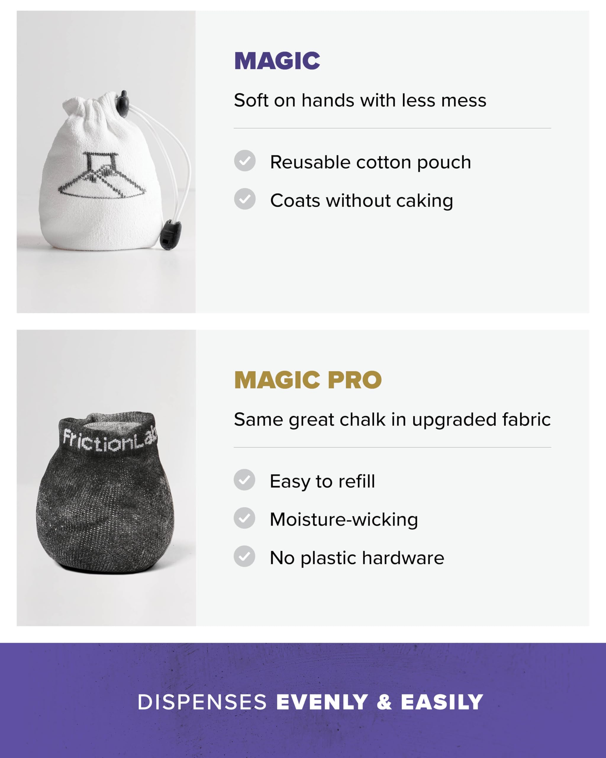 FrictionLabs Magic Chalk Ball, 2.2 oz - Premium Gym Chalk In Refillable Sock - Non Toxic - Great for Climbing, Gymnastics, Weightifting, Crossfit, Pool, Training