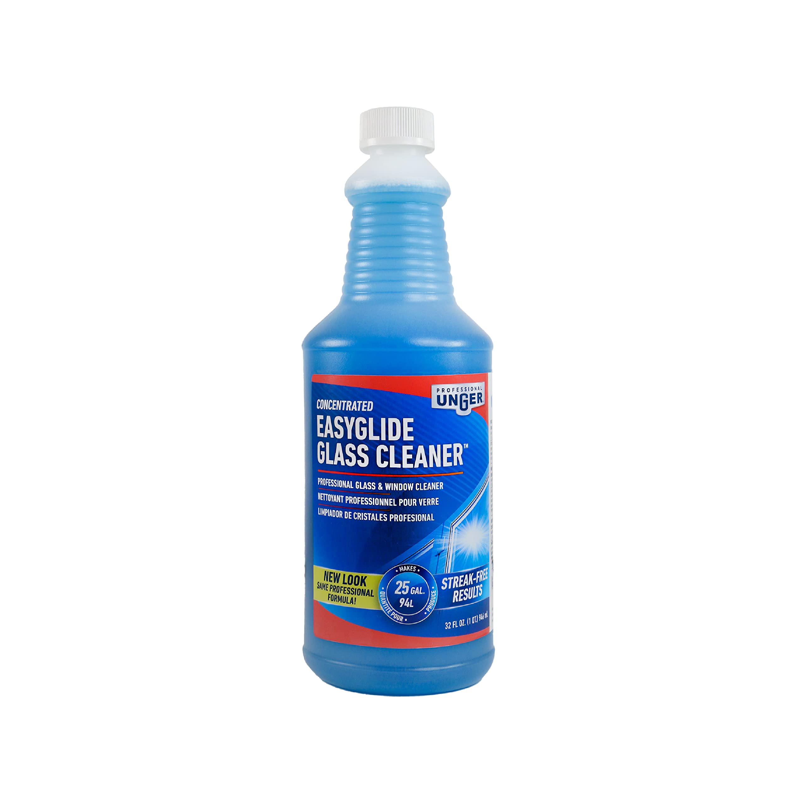 مركز منظف الزجاج الاحترافي Unger Streak-Free EasyGlide، سعة 32 أونصة - خالٍ من الأمونيا، ينتج 25 جالونًا من المحلول، آمن للاستخدام على النوافذ الملونة والزجاج منخفض الانبعاثات والزجاج الأمامي والمرايا