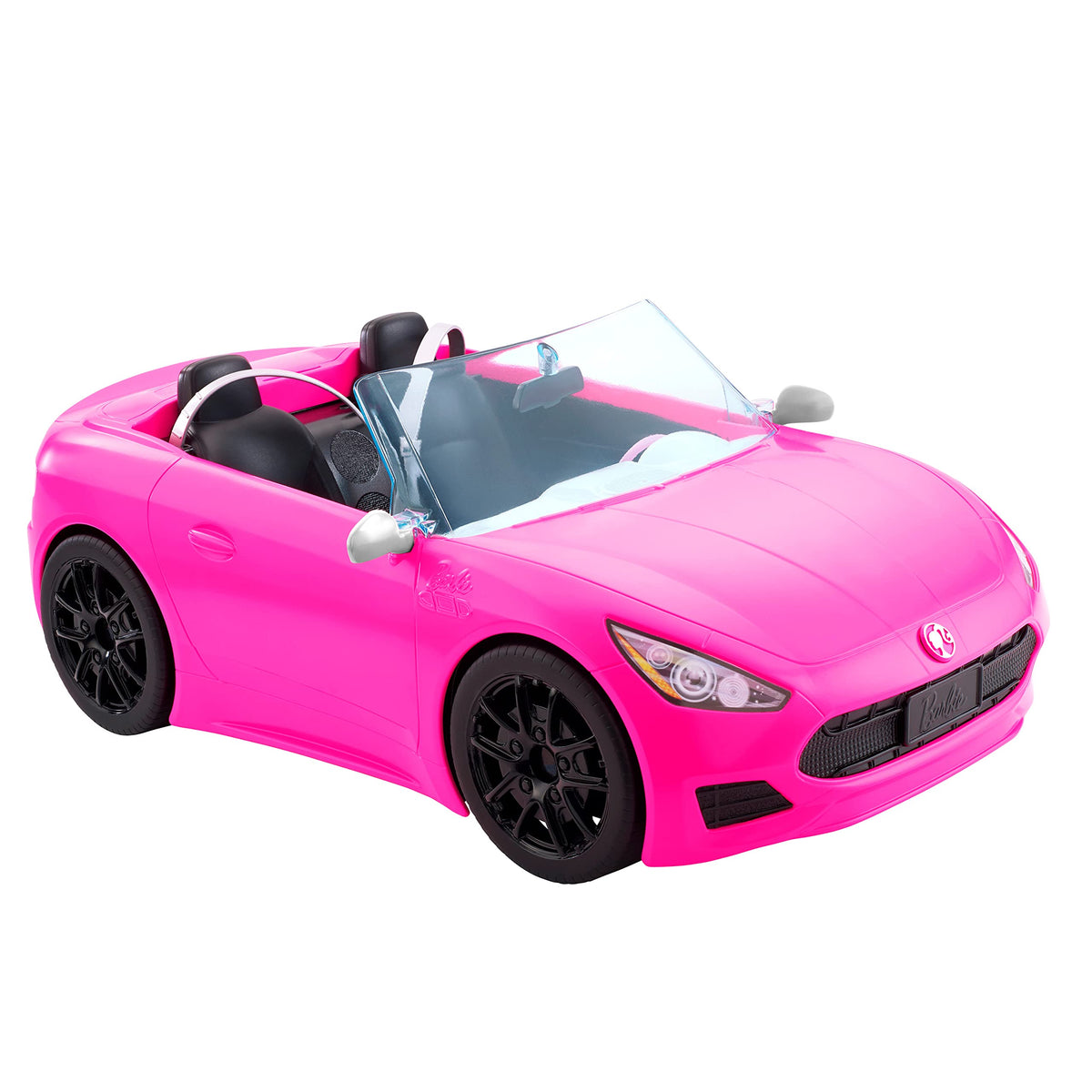 Barbie Cabrio, leuchtend pinkes Puppenauto mit 2 Sitzen, Sicherheitsgurten & Rollrädern, realistischen Details