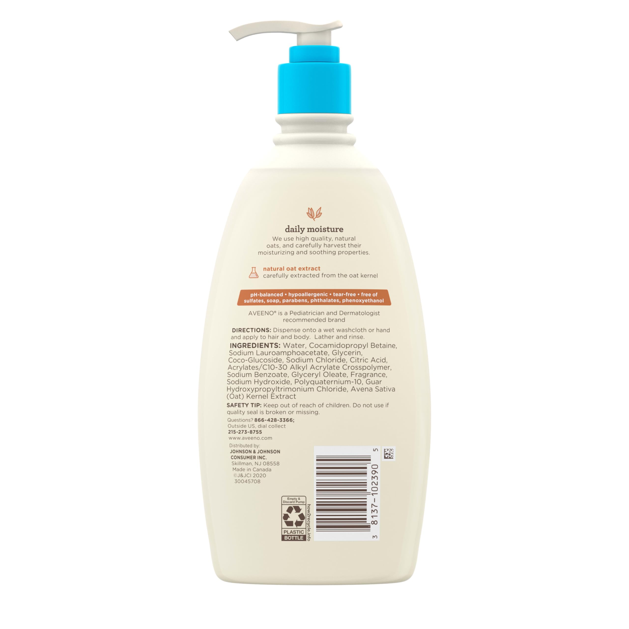 Aveeno Baby Daily Moisture Gentle Body Wash & Shampoo with Oat Extract, 2-in-1 Baby Bath Wash & Hair Shampoo, Tear- & Paraben-Free for Hair & Sensitive Skin, Lightly Scented, 18 fl. oz
