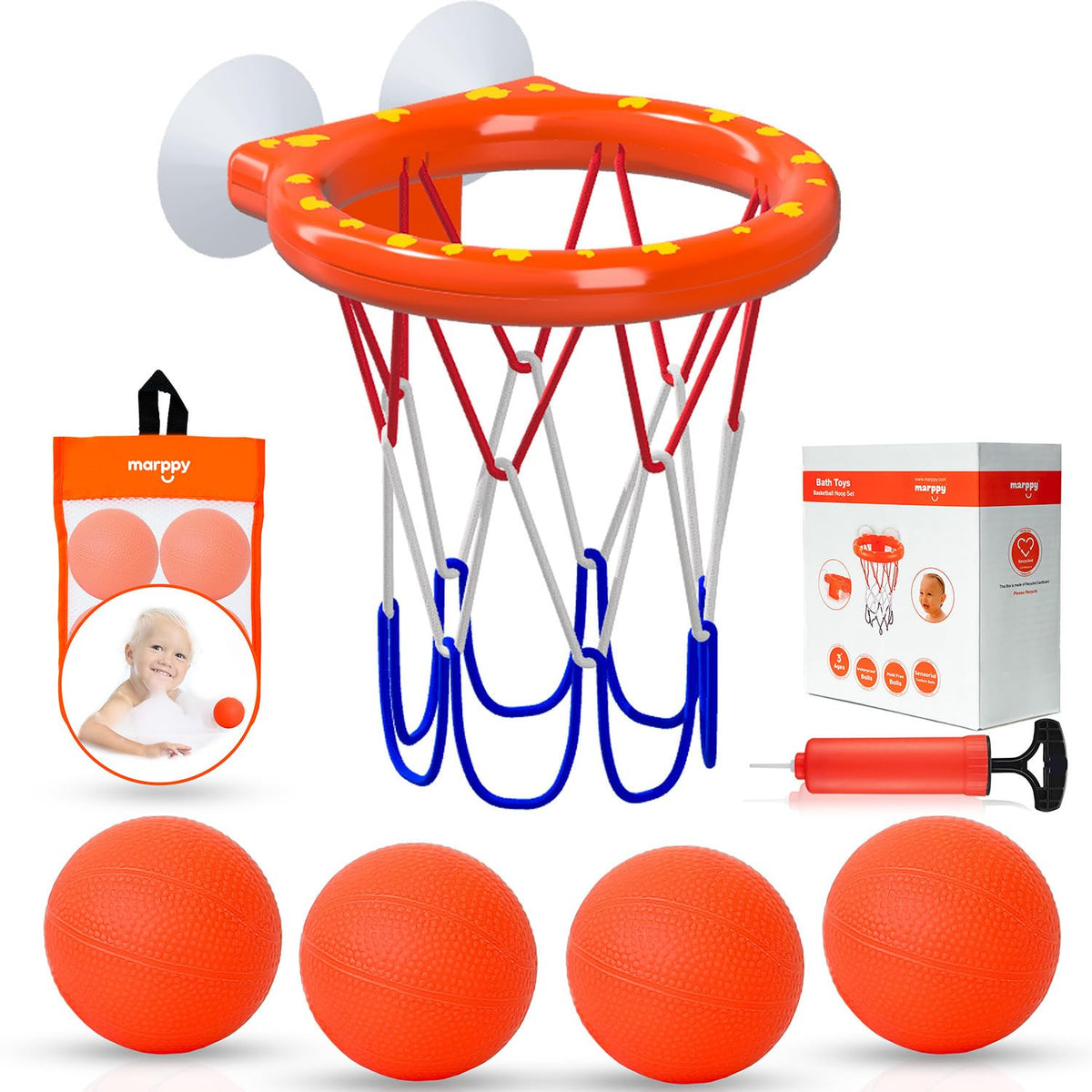 Bath Toys - Bathtub Basketball Hoop for Toddlers, Kids, Boys and Girls | 4 No-Hole Balls & Strong Suction Cups | Fun Basketball Bath Toy for Toddlers