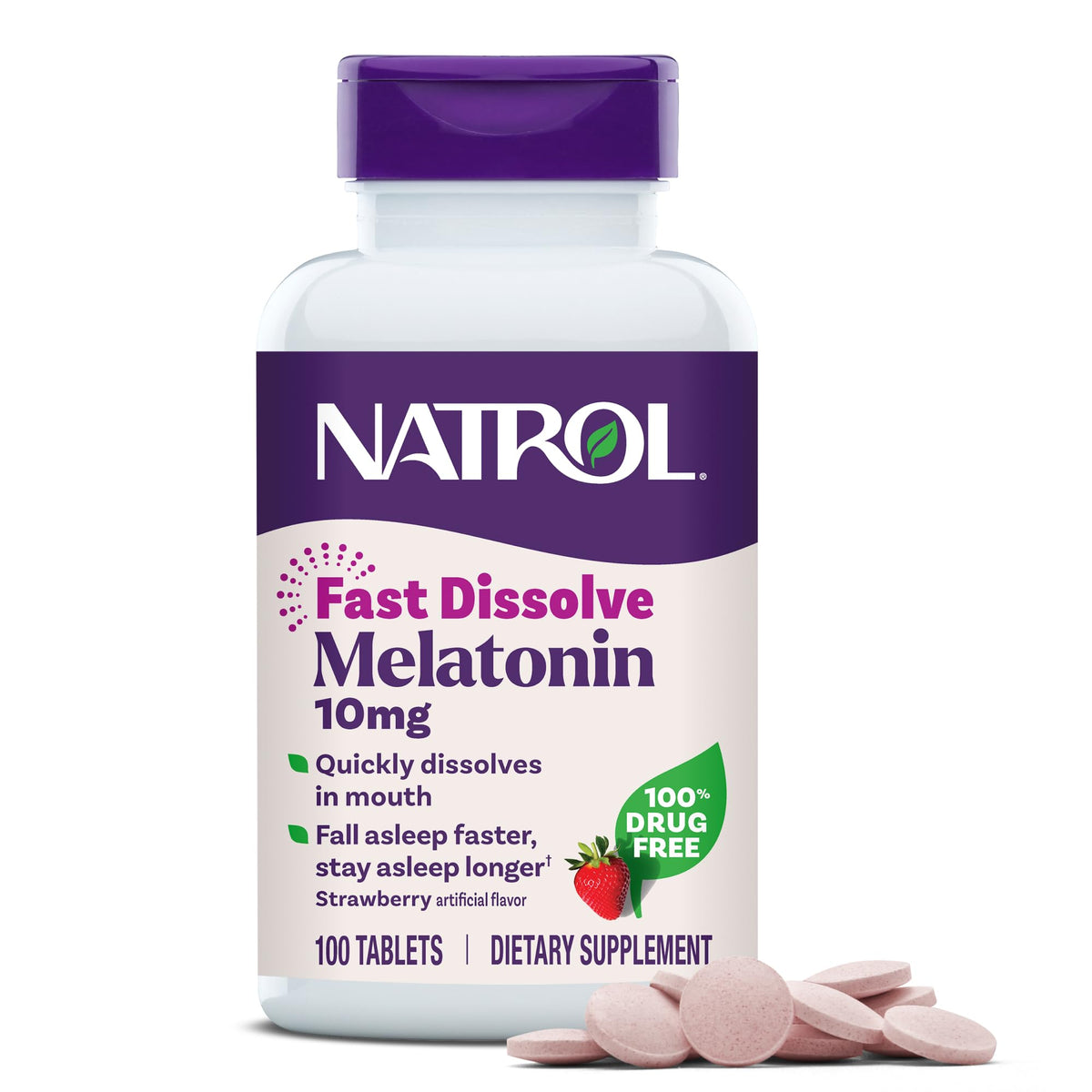 Natrol Fast Dissolve Melatonin 10mg Tabletten – Erdbeergeschmack, 100 Stück, Melatonin-Tabletten zur Schlafunterstützung für Erwachsene, Vorrat für 100 Tage
