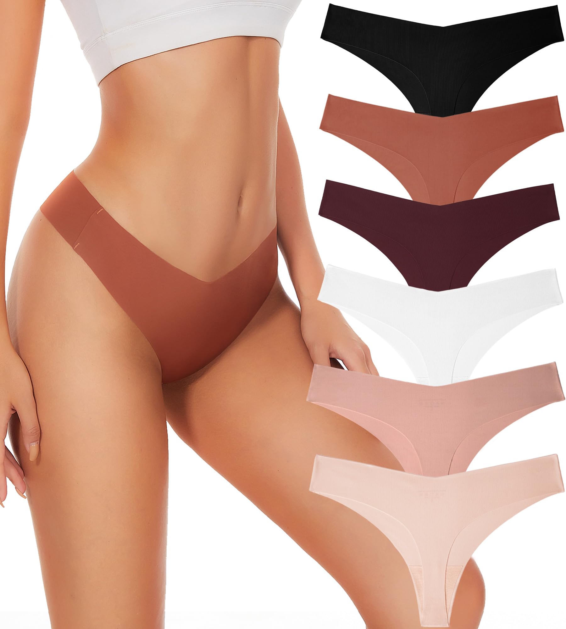 Hellopopgo Nahtlose Tangas für Damen V-Bund Unsichtbare Tanga Nahtlose Höschen Atmungsaktive Bequeme Unterwäsche Damen 6er-Pack,S