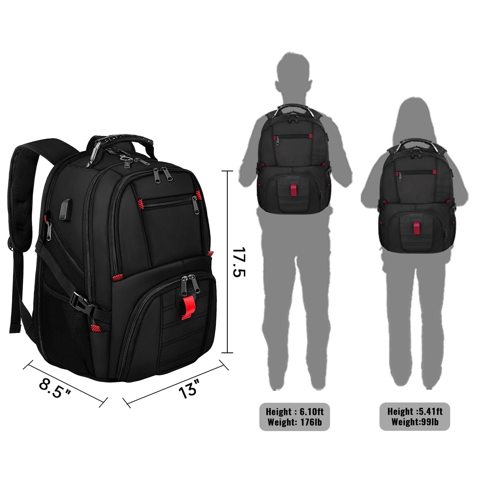 YOREPEK Travel Backpack, Extra Large 50L Laptop Backpacks for Men Women, Water Resistant College Backpacks Airline Approved Business Work Bag with USB Charging Port Fits 17 Inch Computer, Black