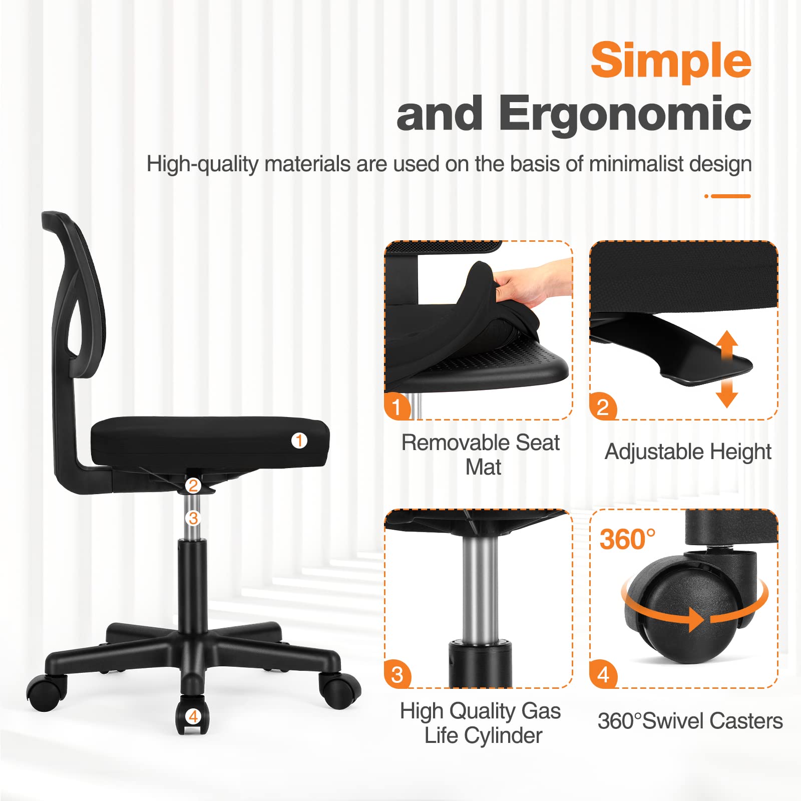 Sweetcrispy Office Computer Desk Chair, Ergonomic Low-Back Mesh Rolling Work Swivel Chairs with Wheels, Armless Comfortable Seat Lumbar Support for Home, Bedroom, Study, Student, Adults, Black