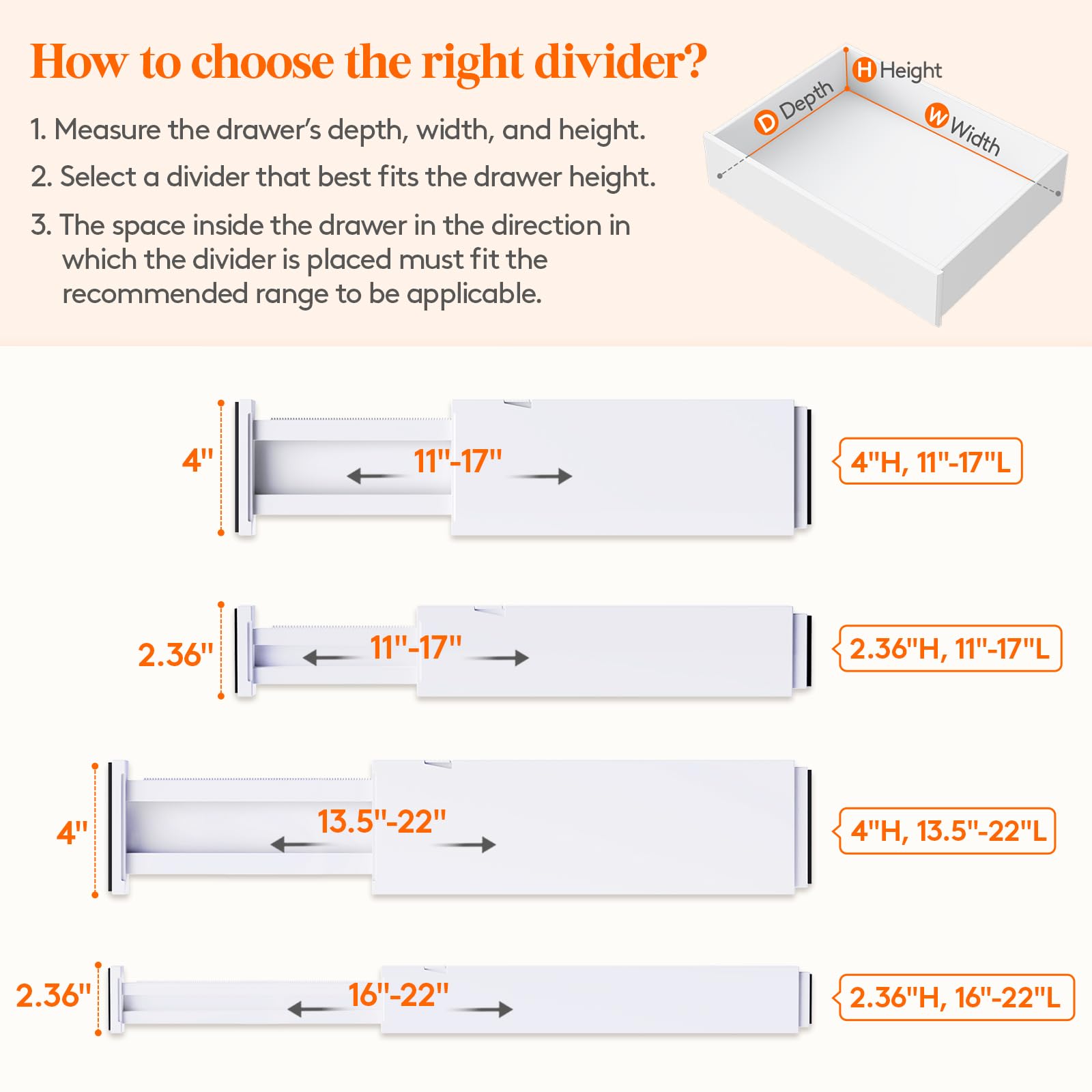 Lifewit 5 Pack Drawer Dividers 4" High, 11-17" Adjustable Dresser Drawer Organizers for Clothes, Expandable Dresser Separators in Bedroom/Bathroom/Kitchen/Vanity/Office Organization and Storage, White