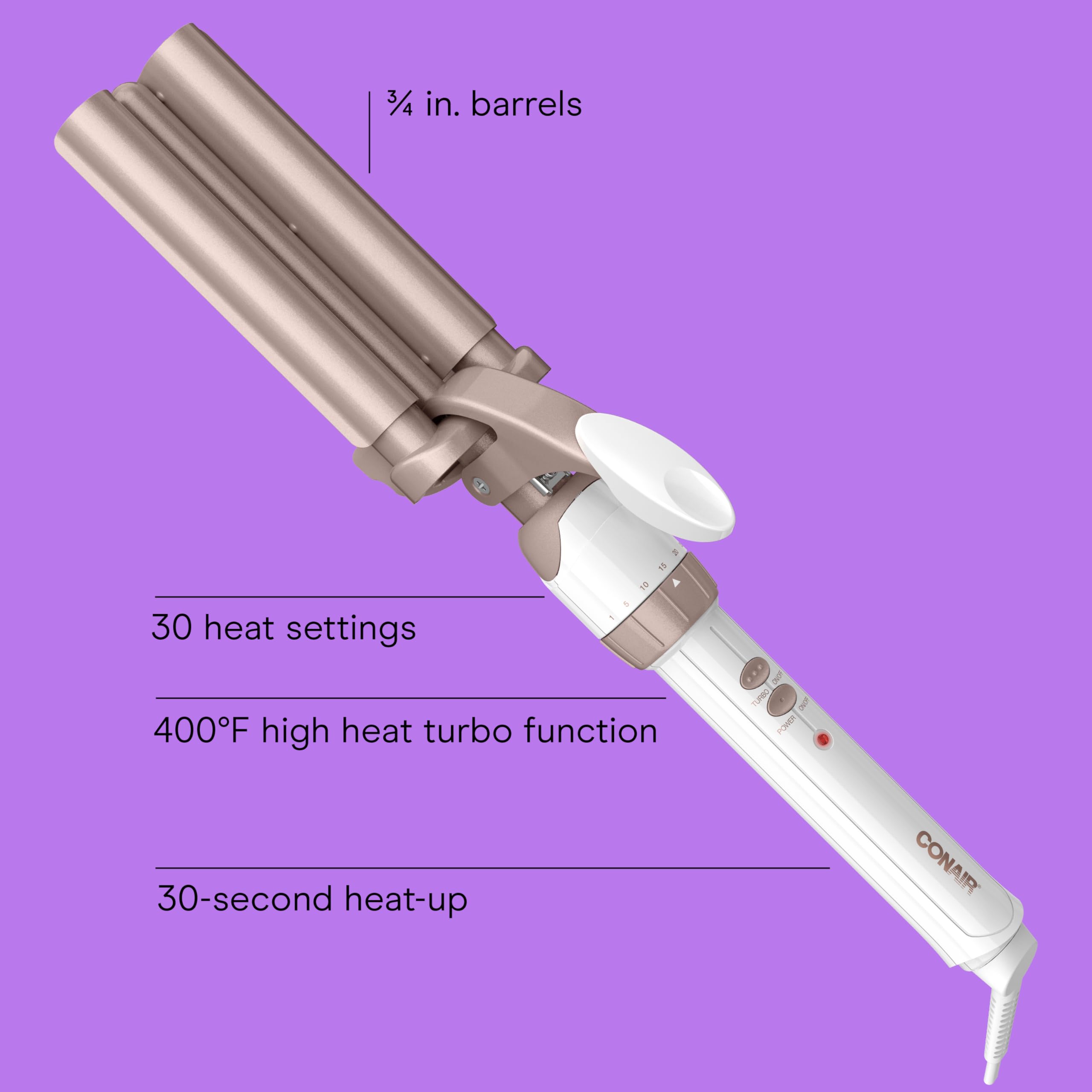 Conair Double Ceramic 3 Barrel Curling Iron, Hair Waver, Create Beachy Waves, Long-Lasting Natural Tight Waves for all Hair Lengths, White / Rose Gold